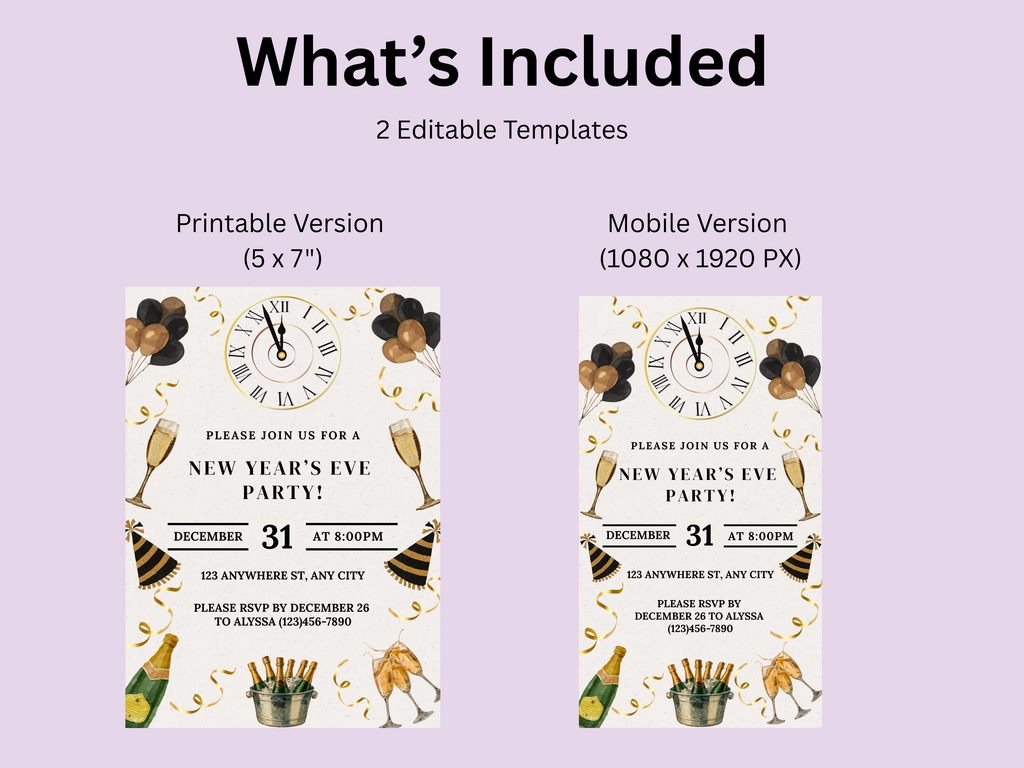 Two New Year's Eve party invitations with editable templates on a light purple background.