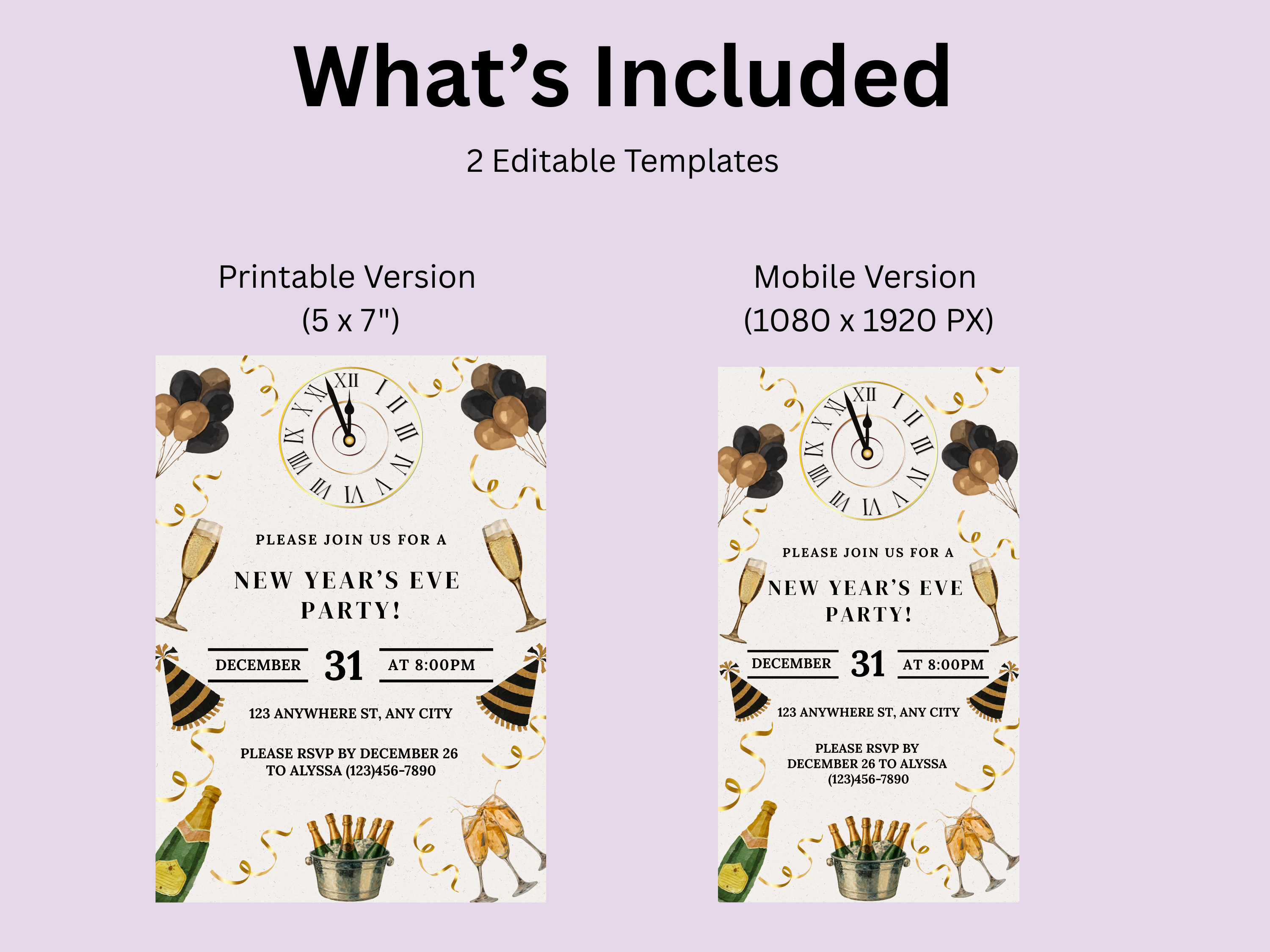 Two New Year's Eve party invitations with editable templates on a light purple background.