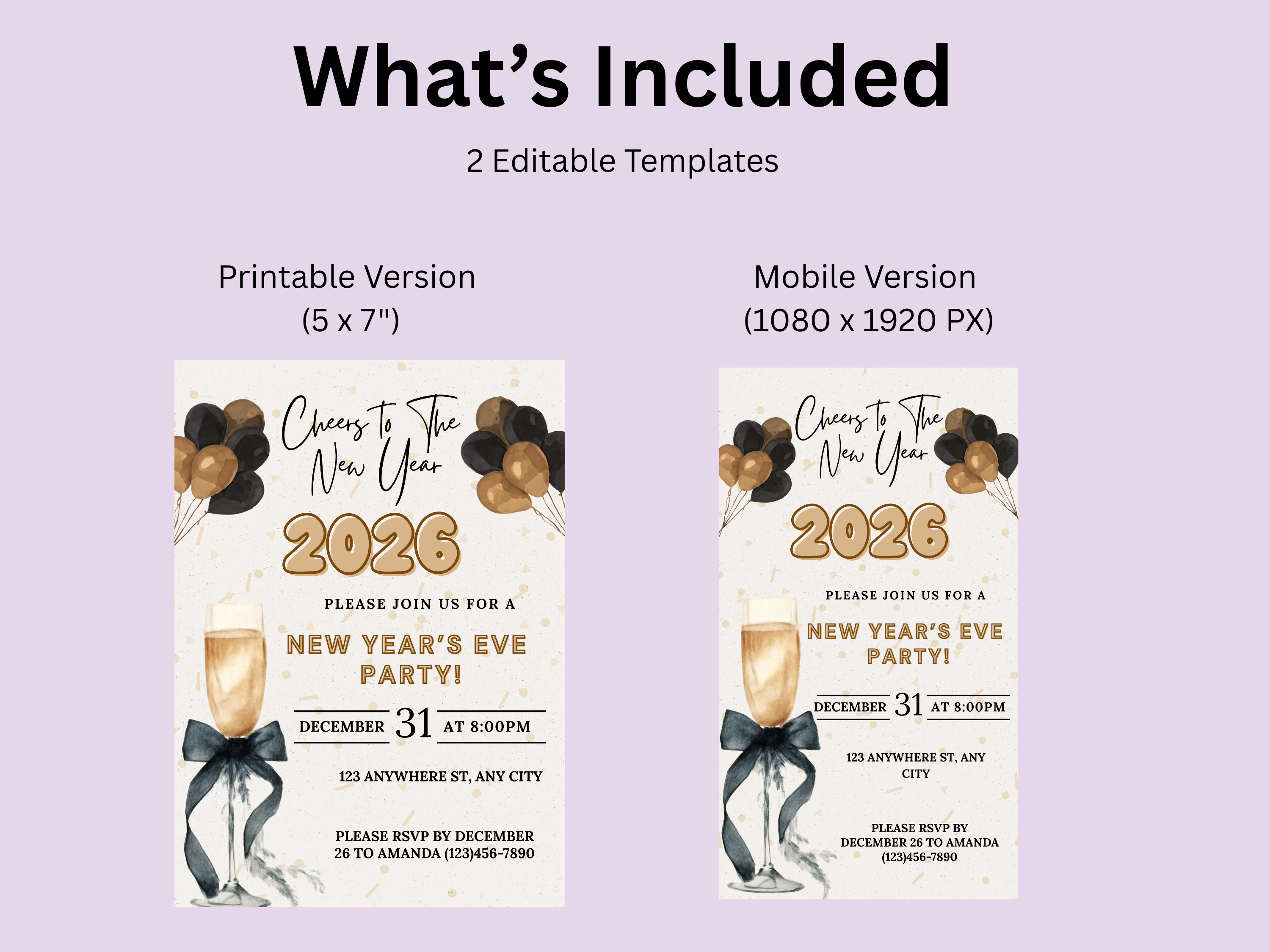 Two New Year's Eve party invitations with champagne glasses and balloons on a purple background.