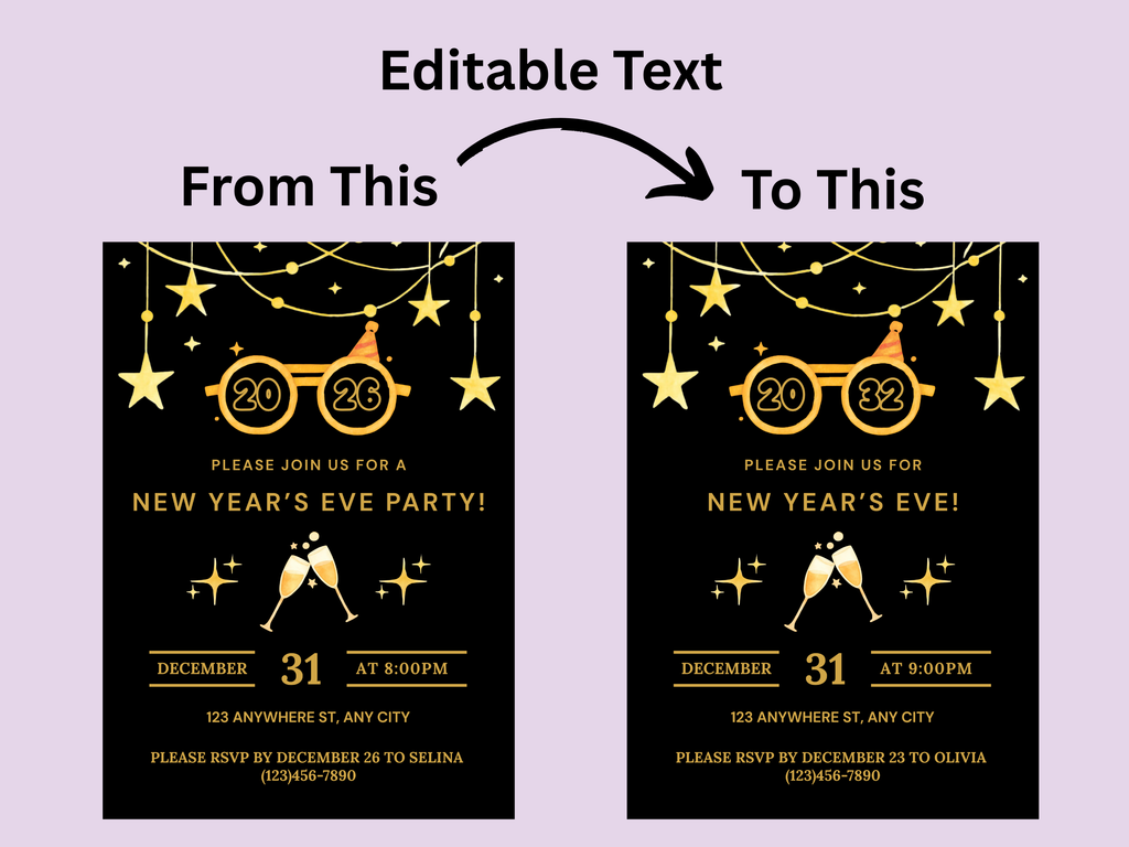 New Year's Eve party invitation with editable text feature on a purple background
