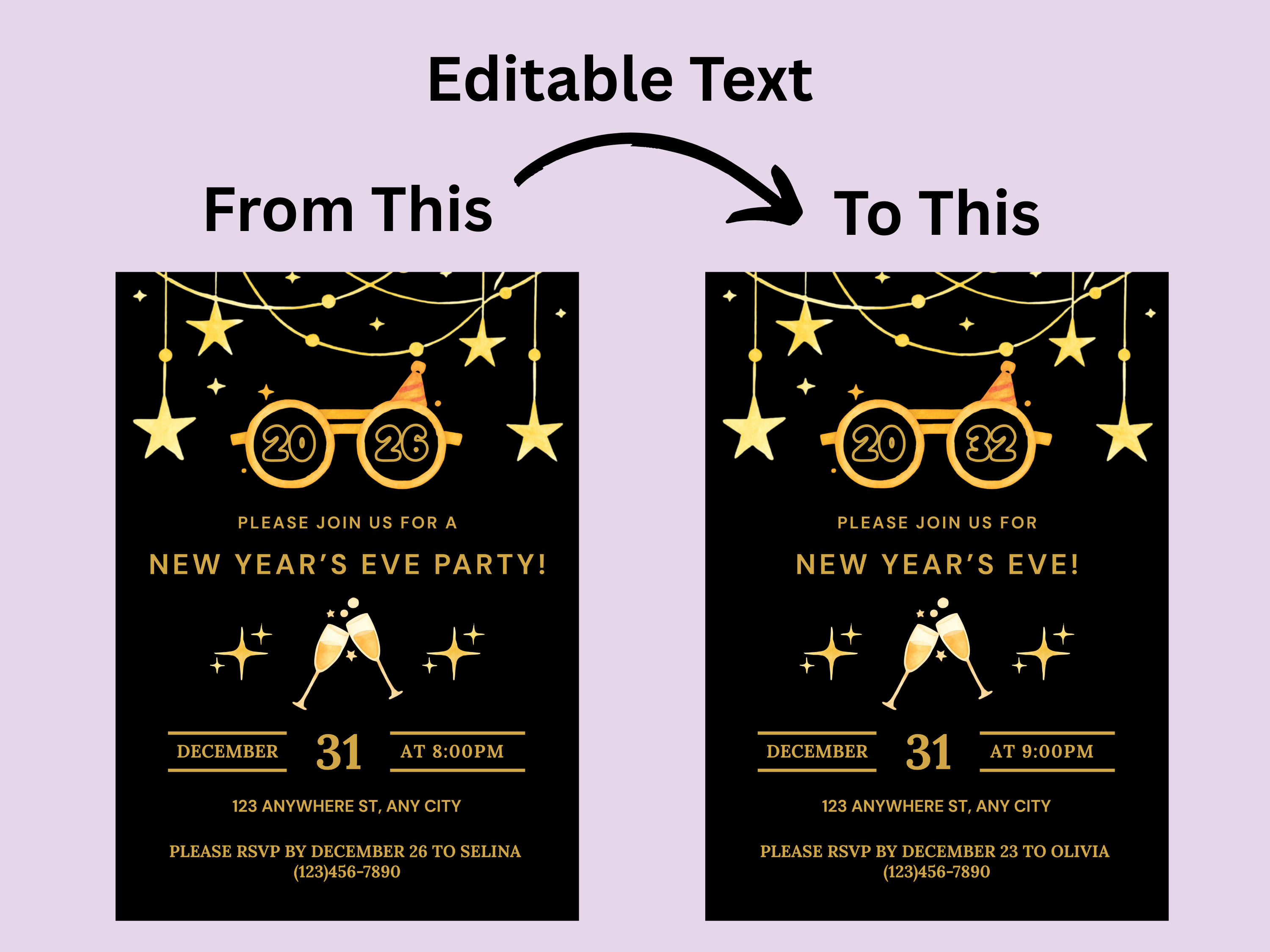 New Year's Eve party invitation with editable text feature on a purple background