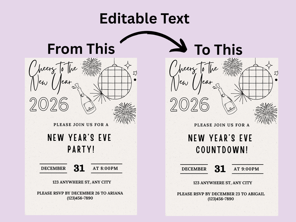 Minimalist hand-drawn doodle New Year’s Eve invitation, editable Canva digital template for NYE party
Editable doodle NYE digital invitation, simple minimalistic New Year’s Eve party Canva template
Hand-drawn minimal New Year’s Eve invitation, digital NYE party invite editable in Canva
Minimalist doodle New Year’s invitation, black and white hand-drawn NYE digital party template