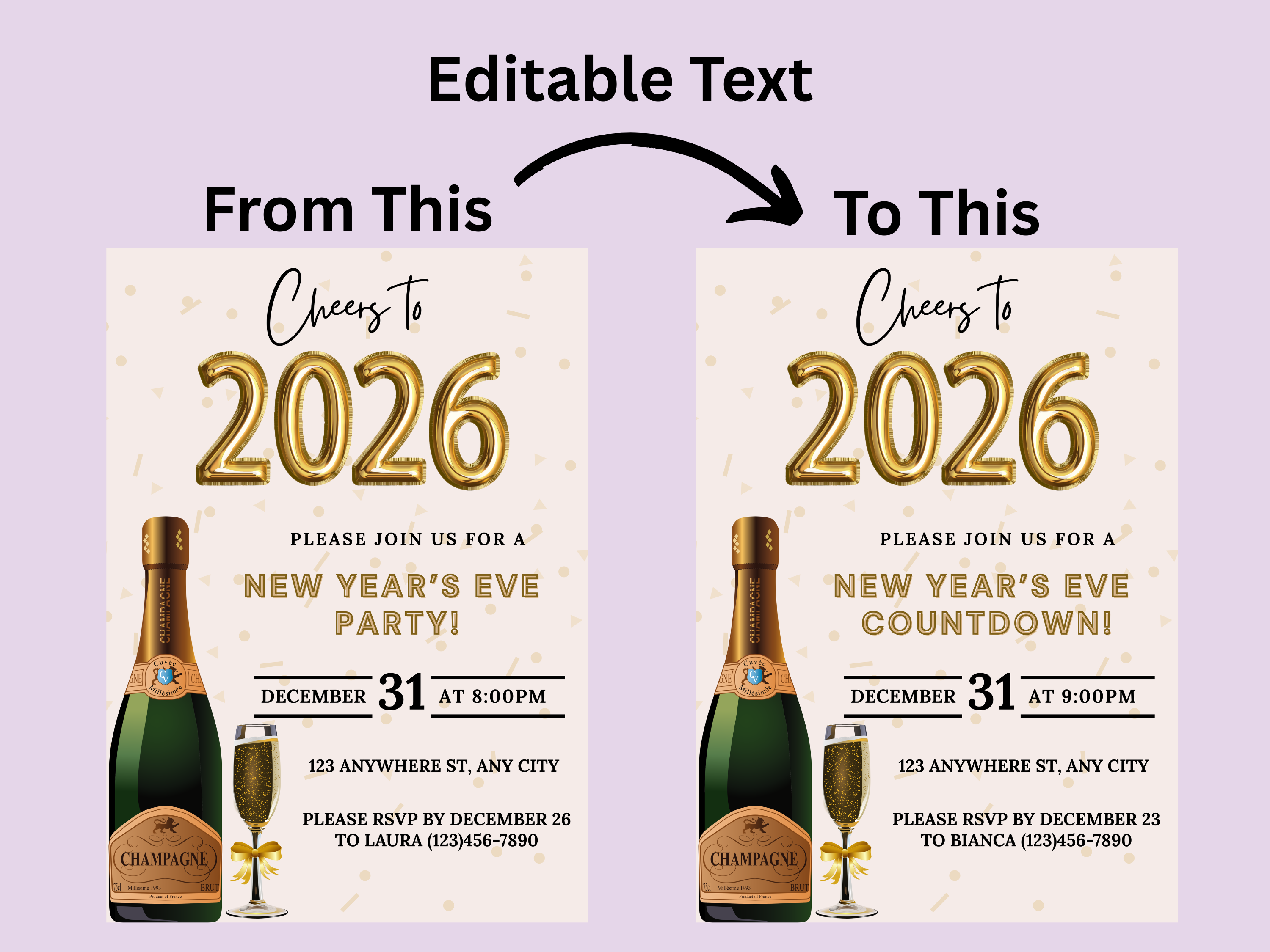 Champagne bottle and glass New Year’s Eve party invitation, editable Canva digital template in black and gold
Editable Champagne bottle NYE invitation with champagne glass, digital New Year’s Eve party template
Black and gold Champagne bottle and glass New Year’s Eve invite