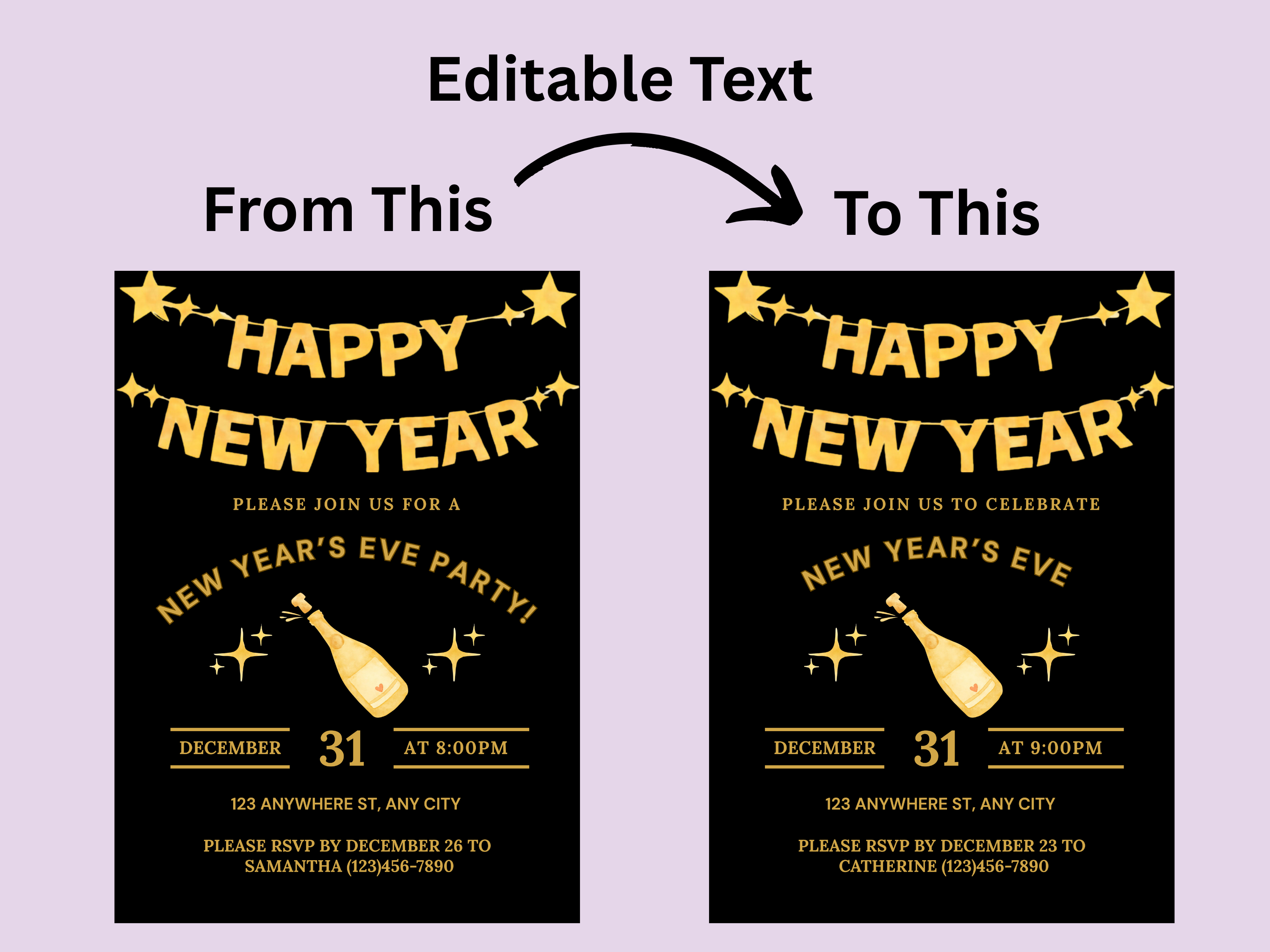 New Year's Eve party invitation card with editable text on a purple background