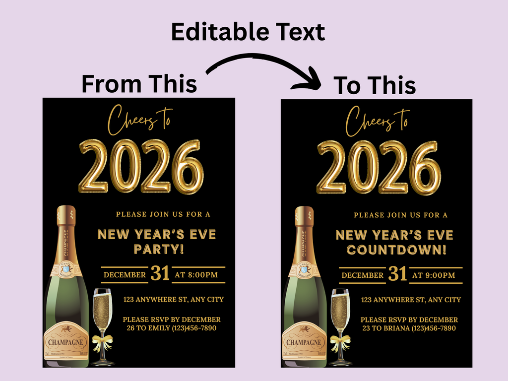 Black and gold party champagne New Year’s Eve invitation, editable digital NYE Countdown to 2026 template

Editable black and gold champagne NYE invite, digital New Year’s Eve party invitation for Countdown to 2026

Party champagne New Year’s Eve invitation in black and gold, Canva editable NYE Countdown to 2026 design

Black and gold champagne themed NYE digital invitation, elegant Countdown to 2026 party template