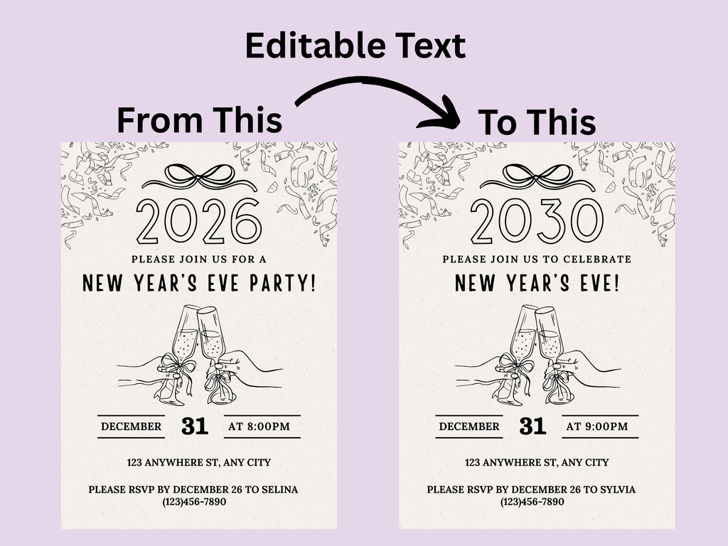 Minimalist hand-drawn doodle New Year’s Eve invitation, editable Canva digital template for NYE party

Editable doodle NYE digital invitation, simple minimalistic New Year’s Eve party Canva template

Hand-drawn minimal New Year’s Eve invitation, digital NYE party invite editable in Canva

Minimalist doodle New Year’s invitation, black and white hand-drawn NYE digital party template