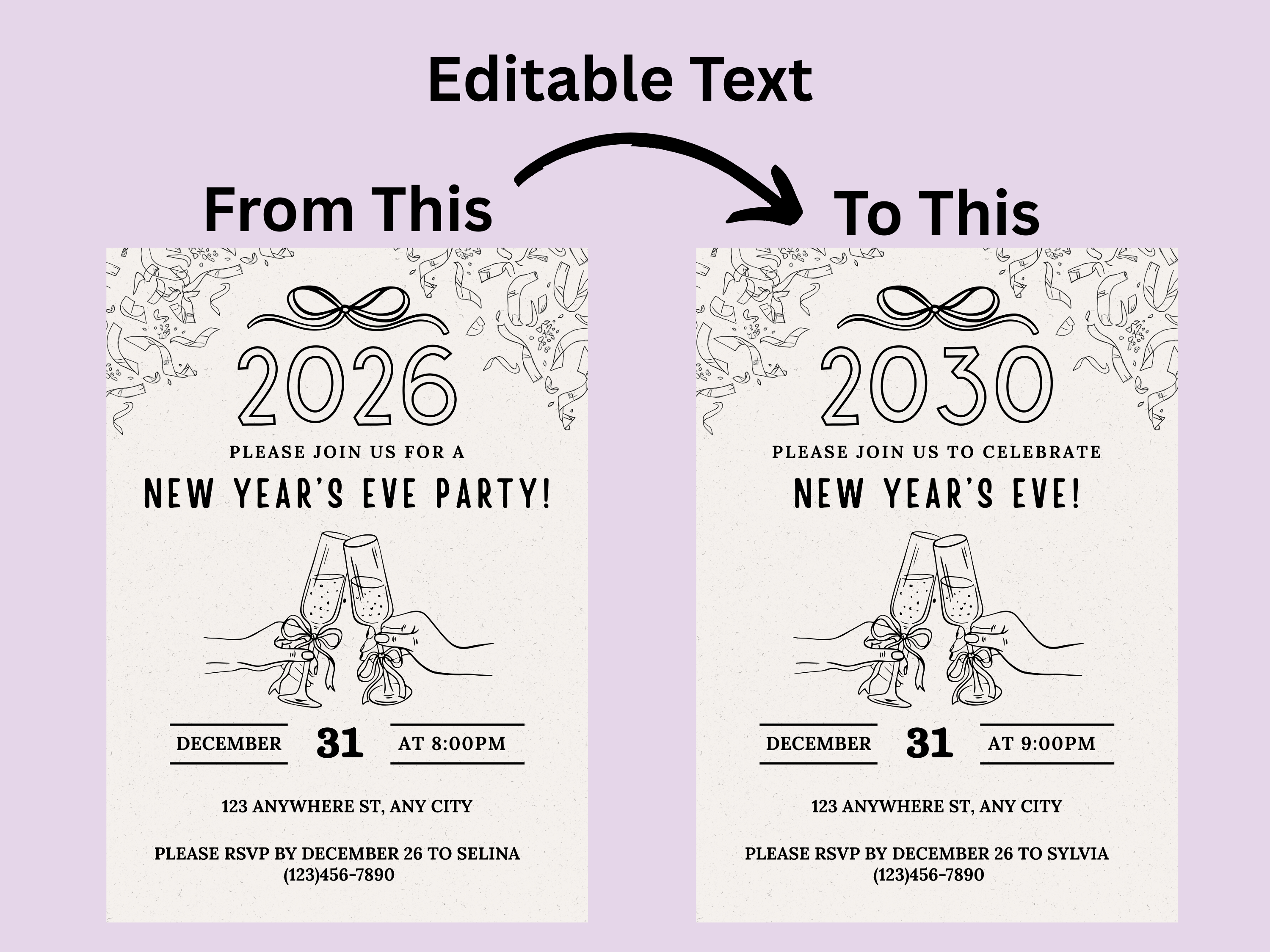 Minimalist hand-drawn doodle New Year’s Eve invitation, editable Canva digital template for NYE party

Editable doodle NYE digital invitation, simple minimalistic New Year’s Eve party Canva template

Hand-drawn minimal New Year’s Eve invitation, digital NYE party invite editable in Canva

Minimalist doodle New Year’s invitation, black and white hand-drawn NYE digital party template