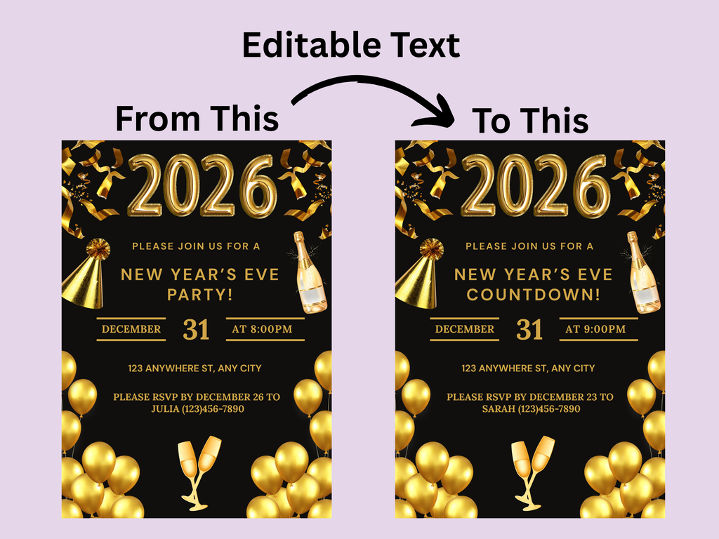 New Year's Eve party invitation with editable text on a purple background