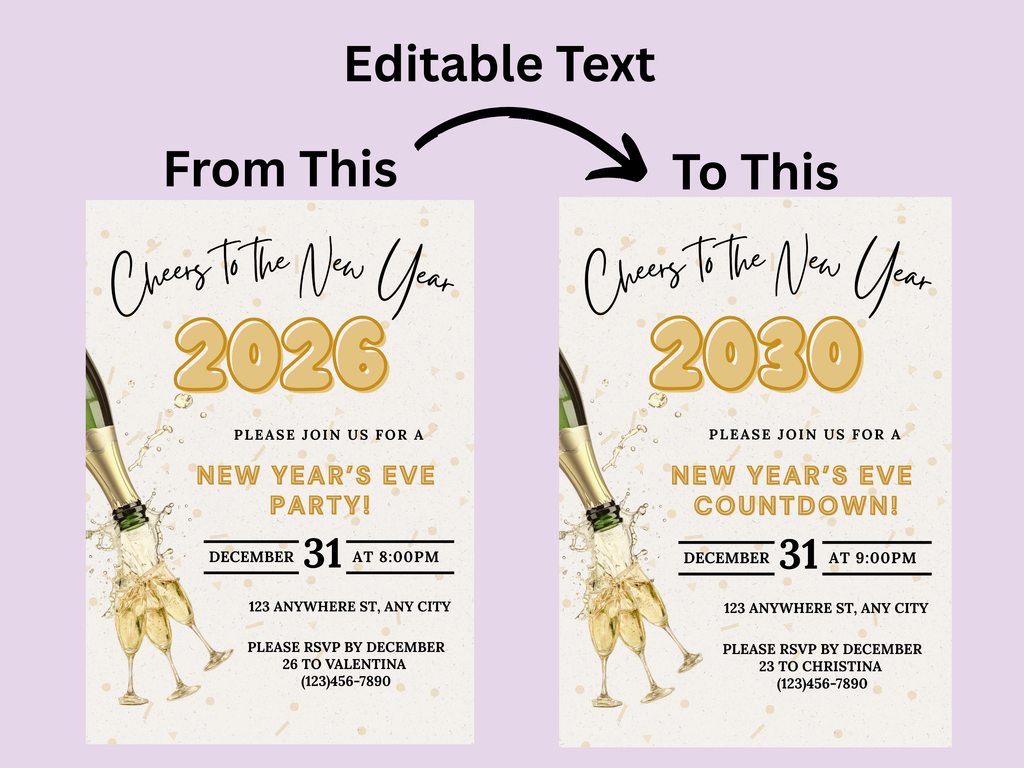 New Year's Eve party invitation with editable text feature on a purple background
New Year’s Eve invitation with champagne pouring into a glass, editable digital NYE party template

Champagne pouring into glass New Year’s Eve invite, editable Canva digital party invitation

Elegant NYE invitation with champagne being poured, digital New Year’s Eve celebration template

Champagne pour New Year’s Eve party invitation, editable digital NYE countdown design

Modern New Year’s Eve invite featuring champagne pour