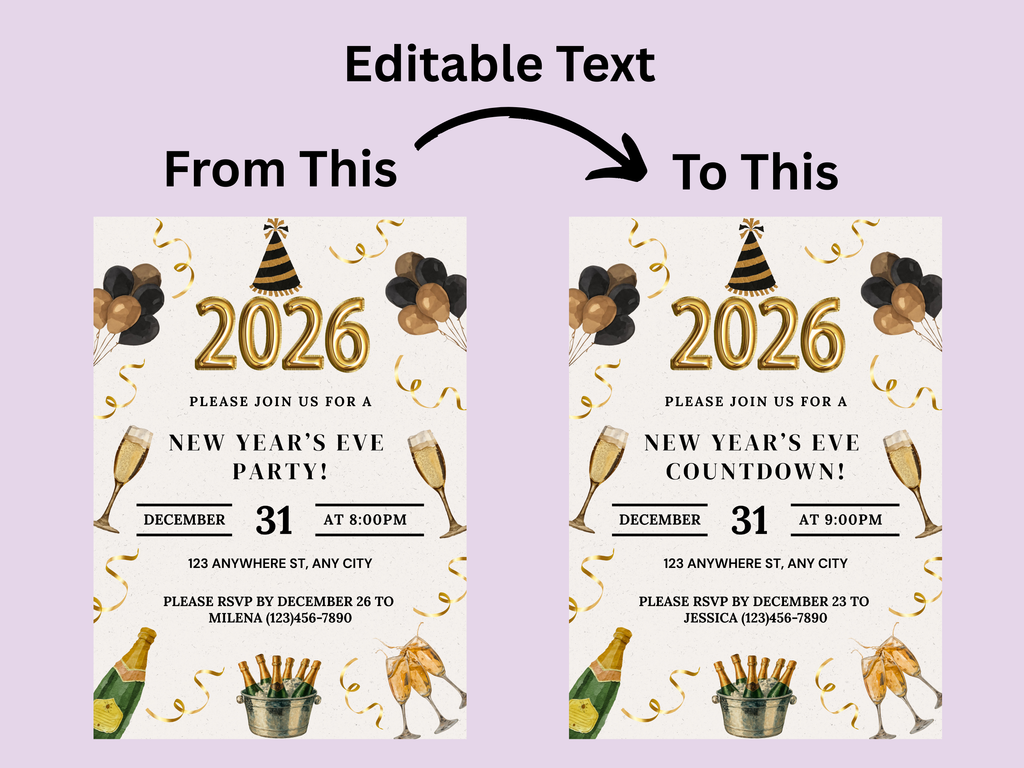 New Year's Eve party invitation with editable text on a purple background