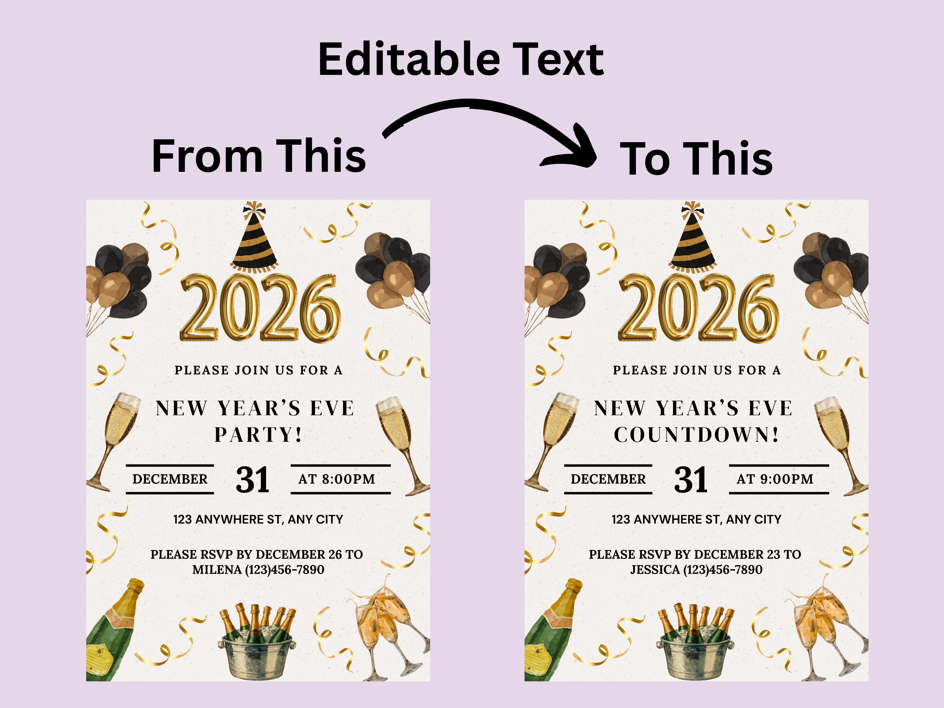 New Year's Eve party invitation with editable text on a purple background