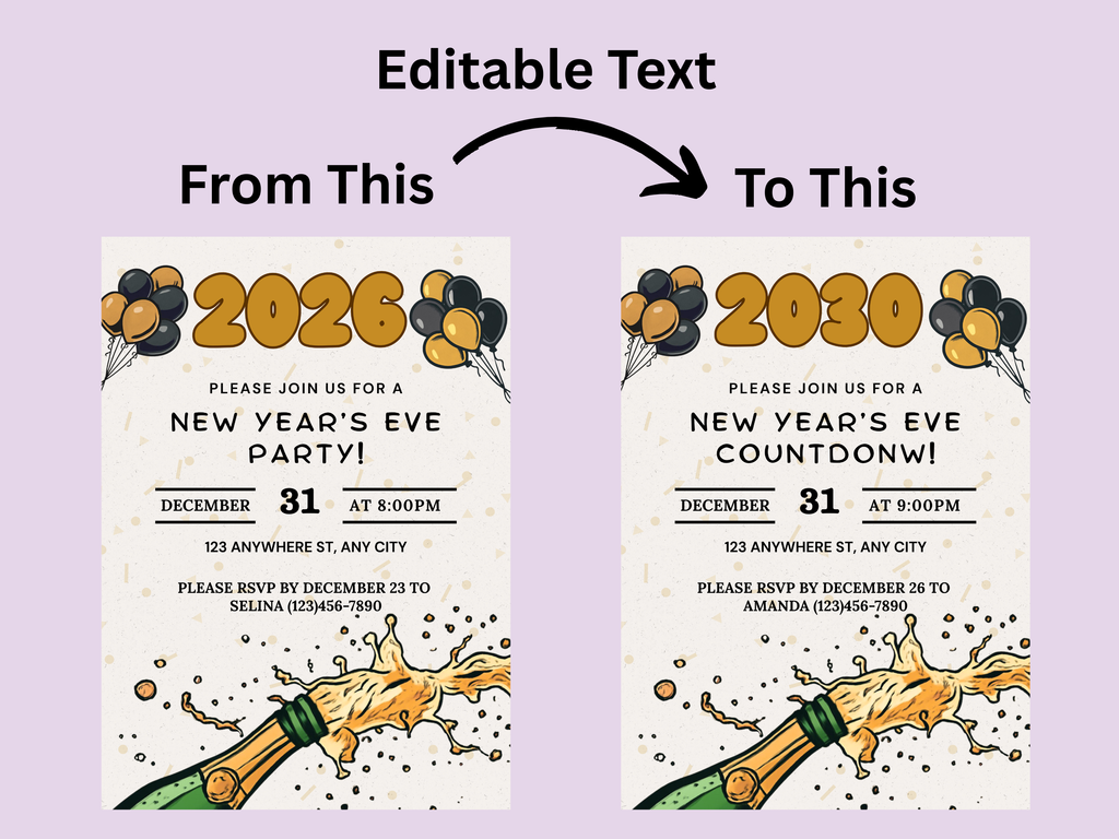 Comic style New Year’s Eve party invitation, colorful cartoon NYE digital template editable in Canva

Cartoon New Year’s Eve invitation, fun comic-themed NYE digital party invite editable Canva template

Comic book style NYE invitation, bright cartoon New Year’s Eve digital download party flyer

Editable cartoon New Year’s Eve invite, comic-style NYE digital template with playful illustrations