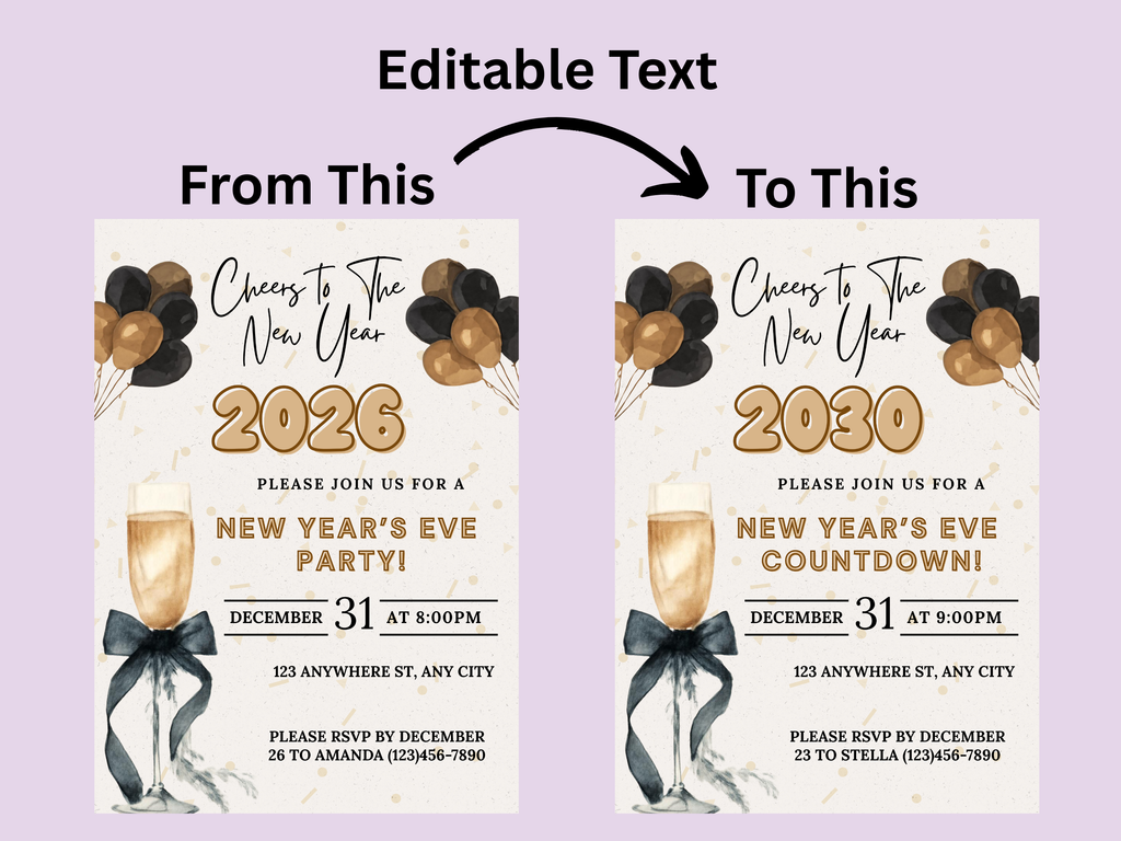New Year's Eve party invitation with editable text on a purple background