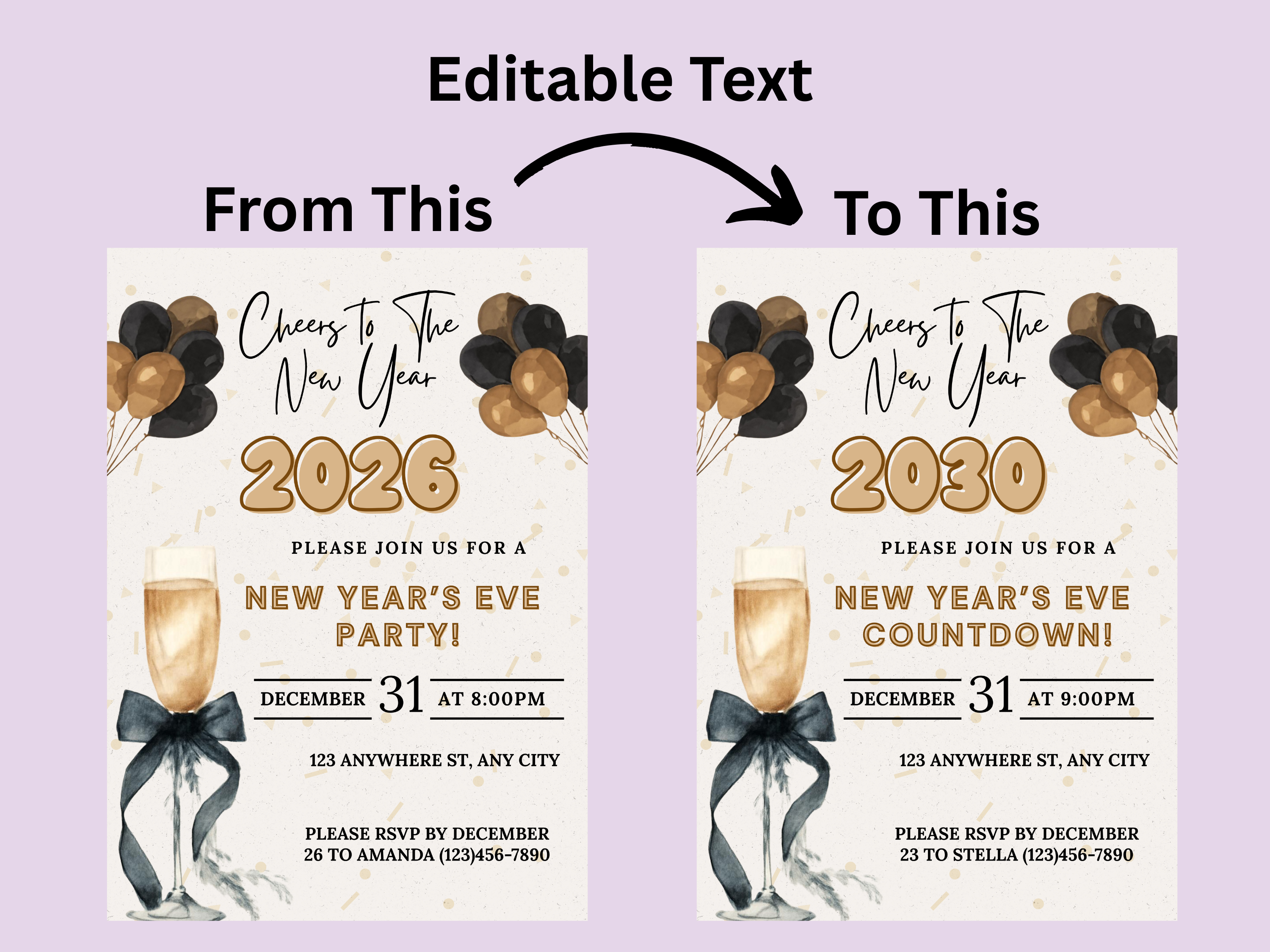 New Year's Eve party invitation with editable text on a purple background