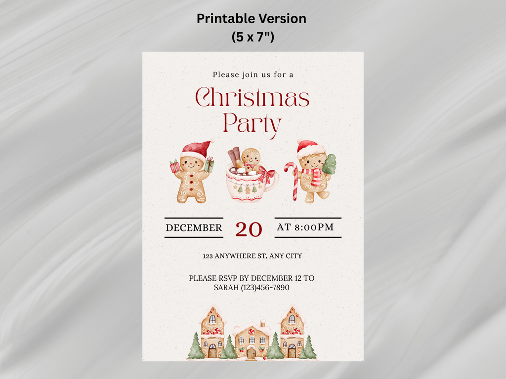 Christmas party invitation with gingerbread men and houses on a white background