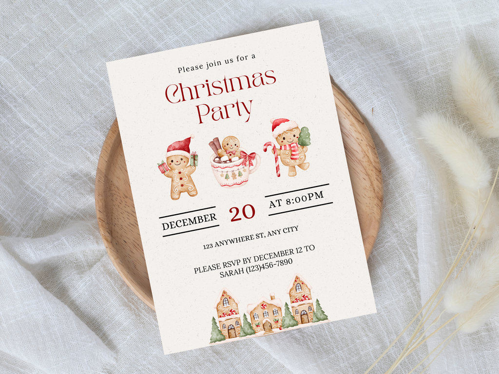 Christmas Gingerbread Holiday Party Editable Digital Invitation (Printable & Mobile versions included)