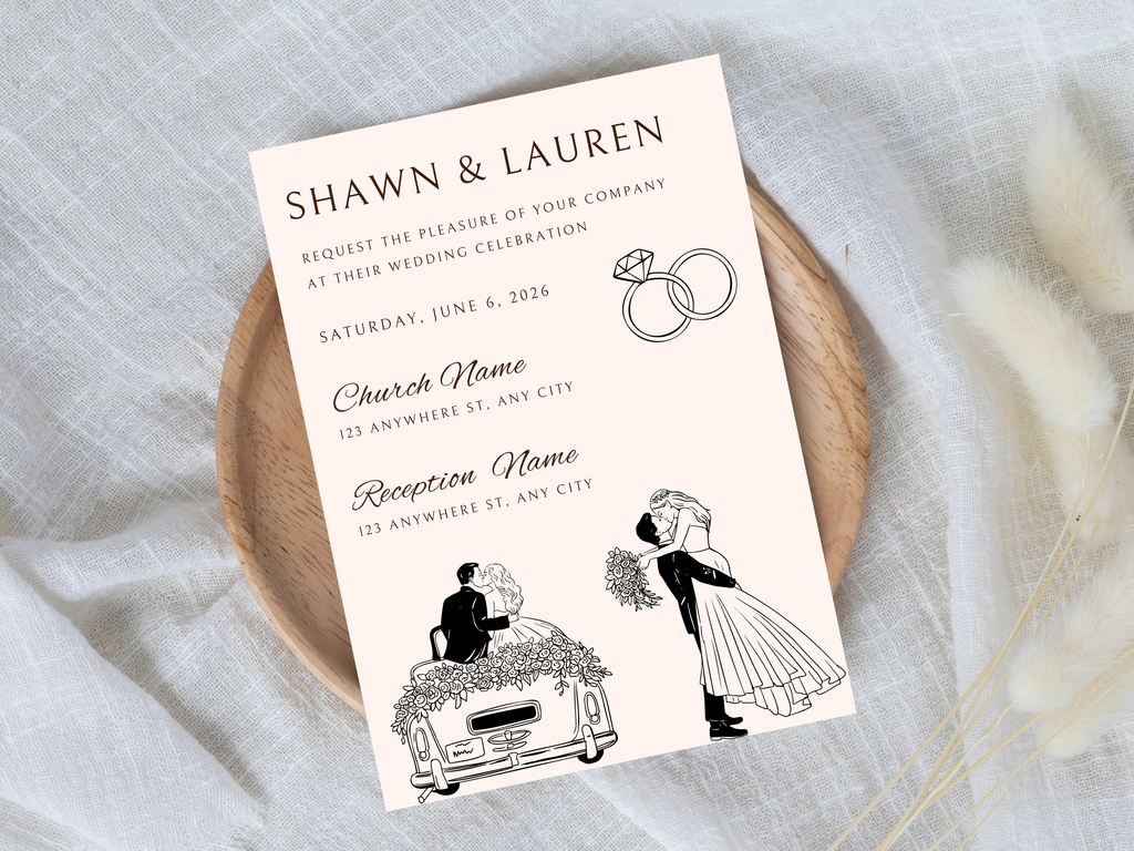 Wedding invitation card with silhouette design of a couple and car on a textured surface