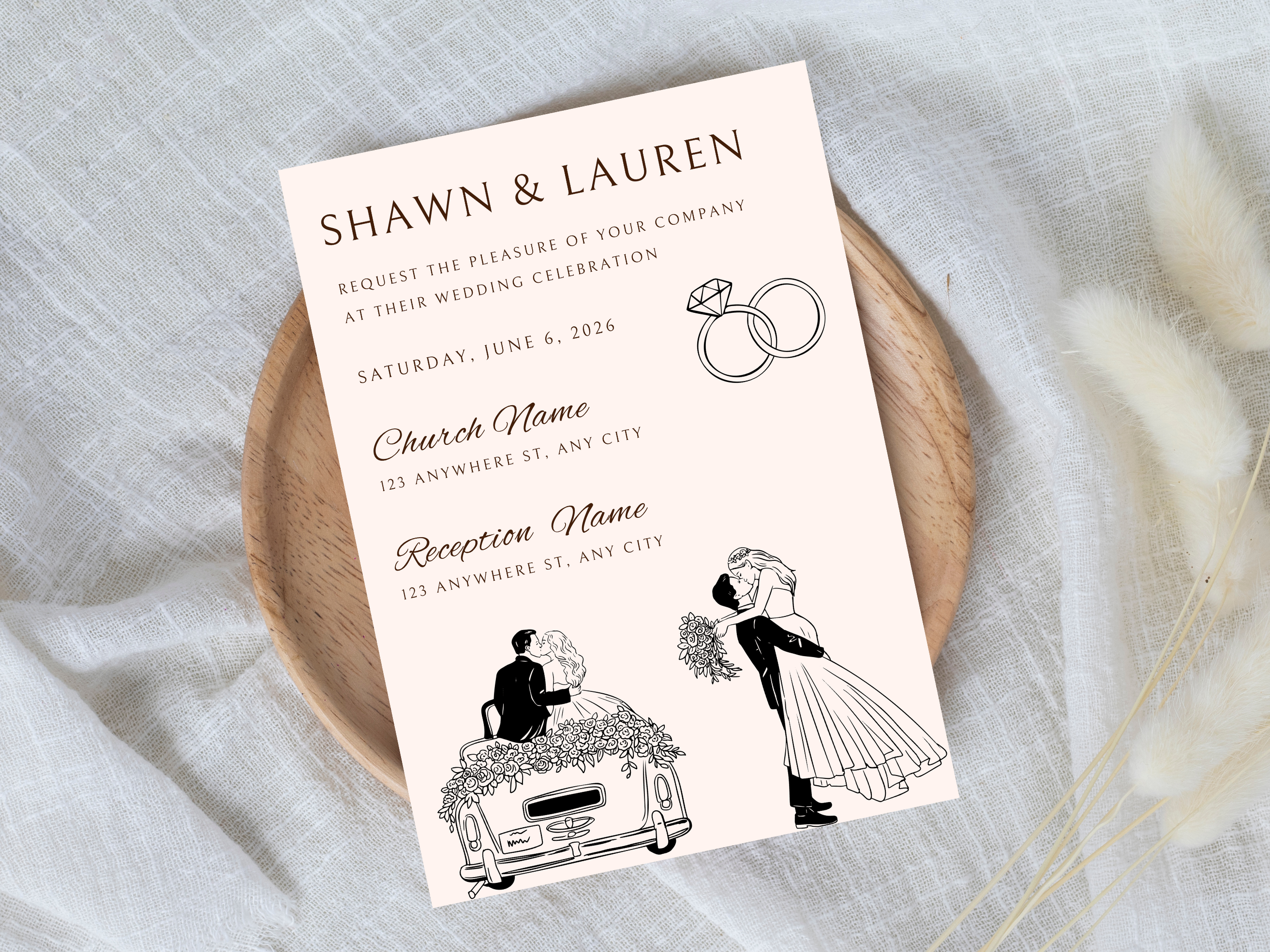 Wedding invitation card with silhouette design of a couple and car on a textured surface