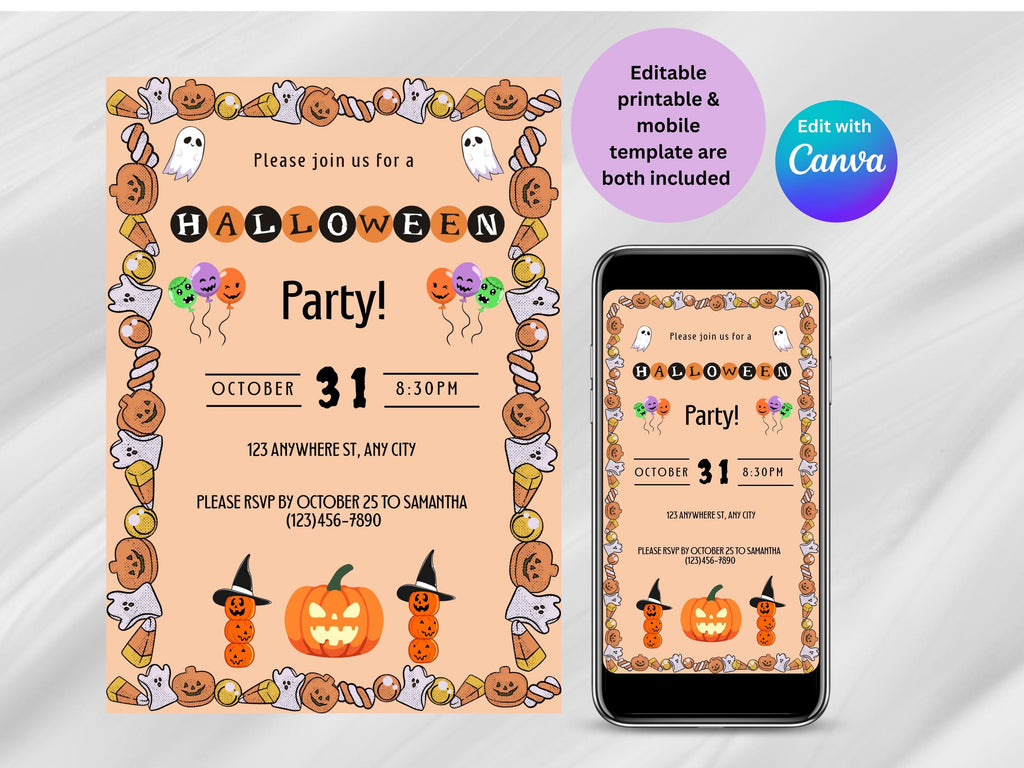 Halloween party invitation with pumpkins, ghosts, and candy on a smartphone screen.