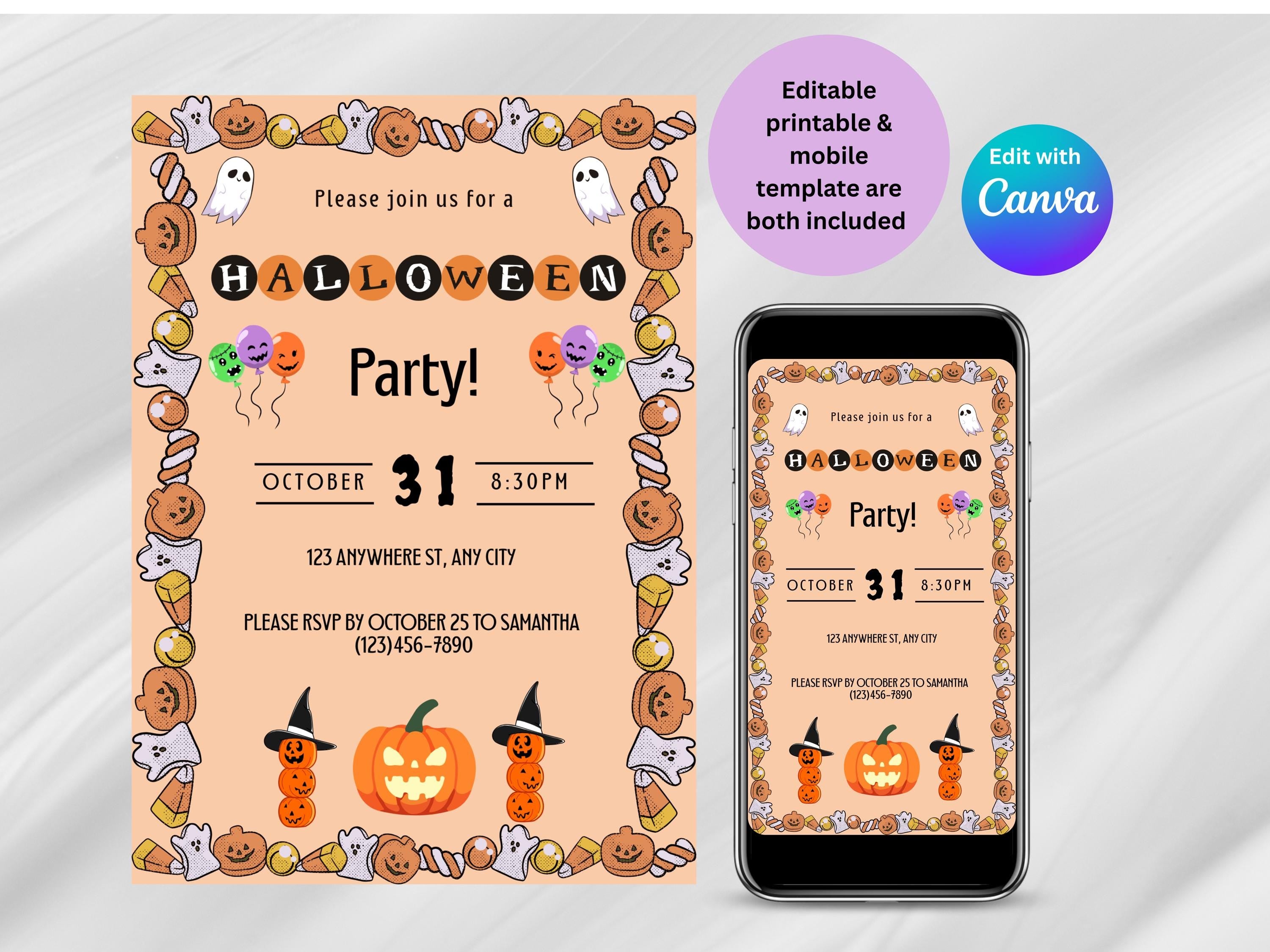 Halloween party invitation with pumpkins, ghosts, and candy on a smartphone screen.