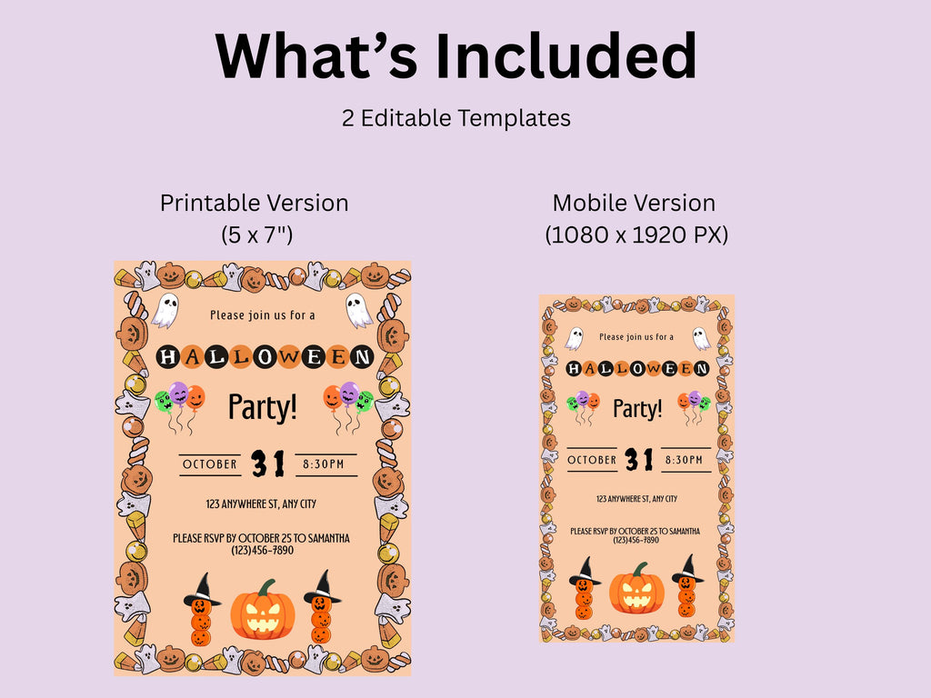 Halloween party invitation with editable templates for printable and mobile versions on a light purple background.