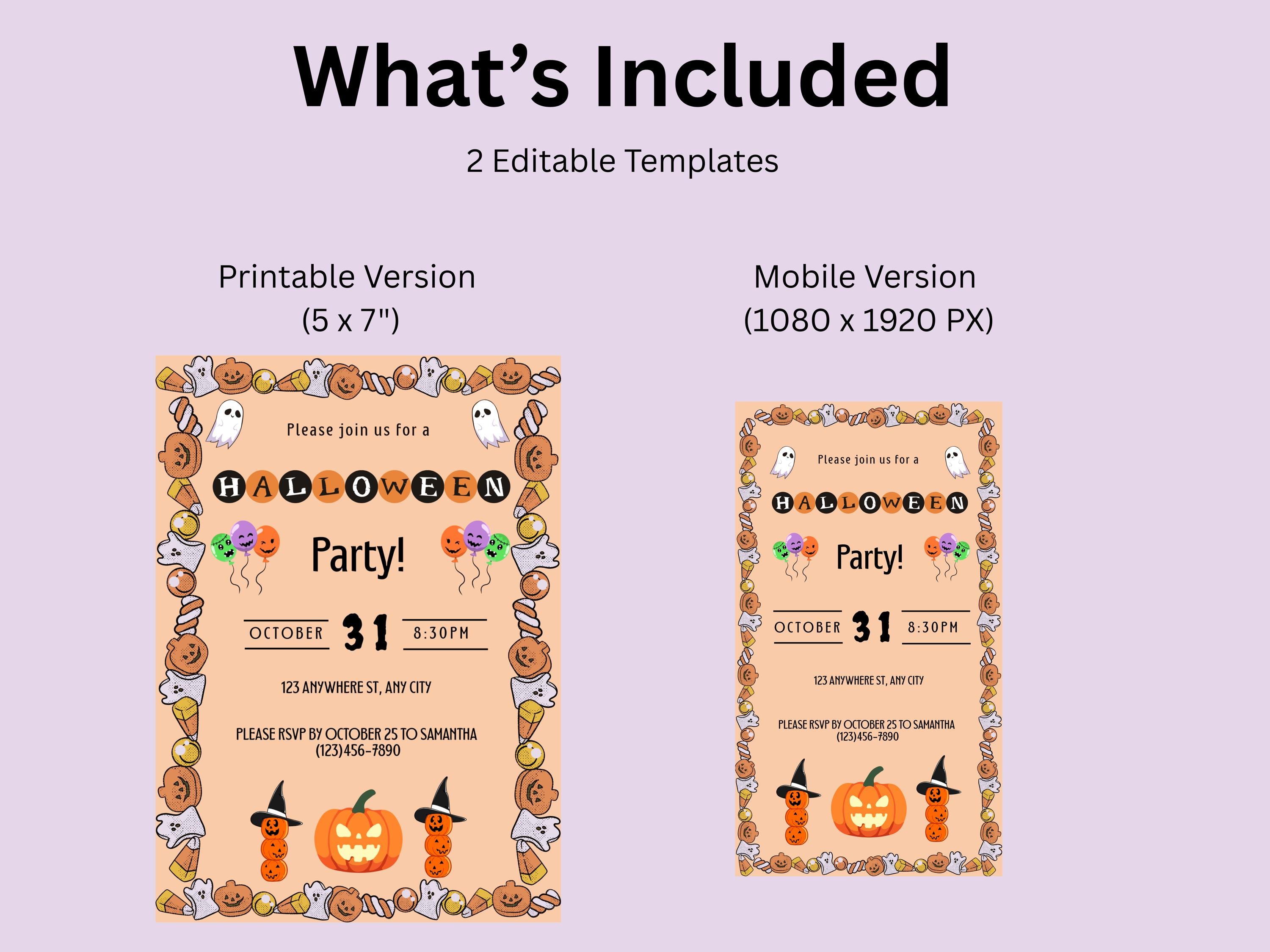 Halloween party invitation with editable templates for printable and mobile versions on a light purple background.