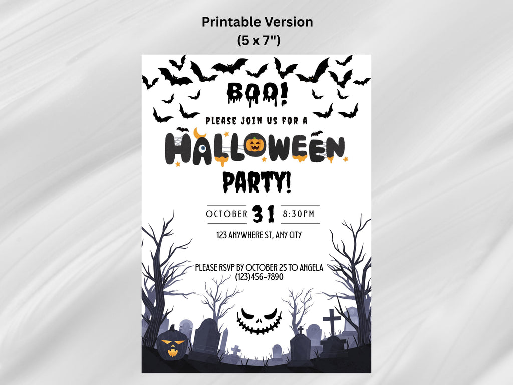 Halloween party invitation with bats, pumpkins, and graveyard design on a white background.