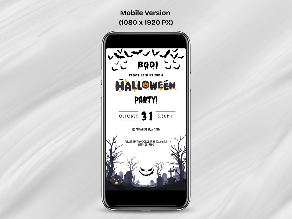 Phone screen displaying a Halloween party invitation with text and graphics on a white background