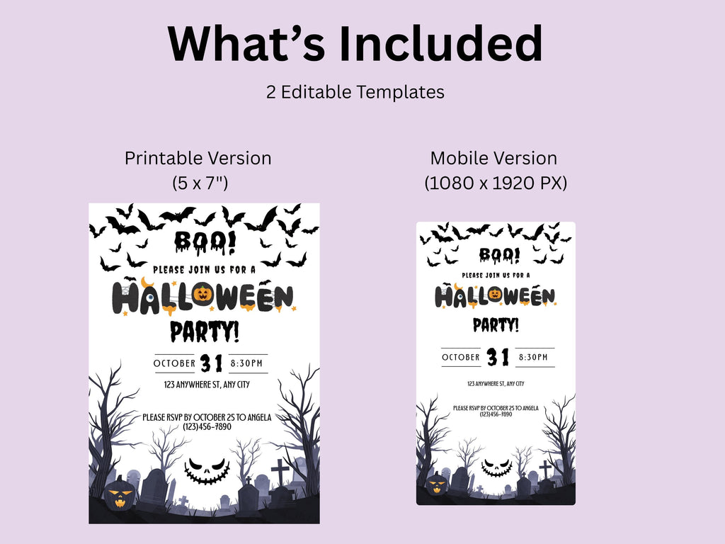 Halloween party invitation with editable templates for printable and mobile versions on a light purple background.