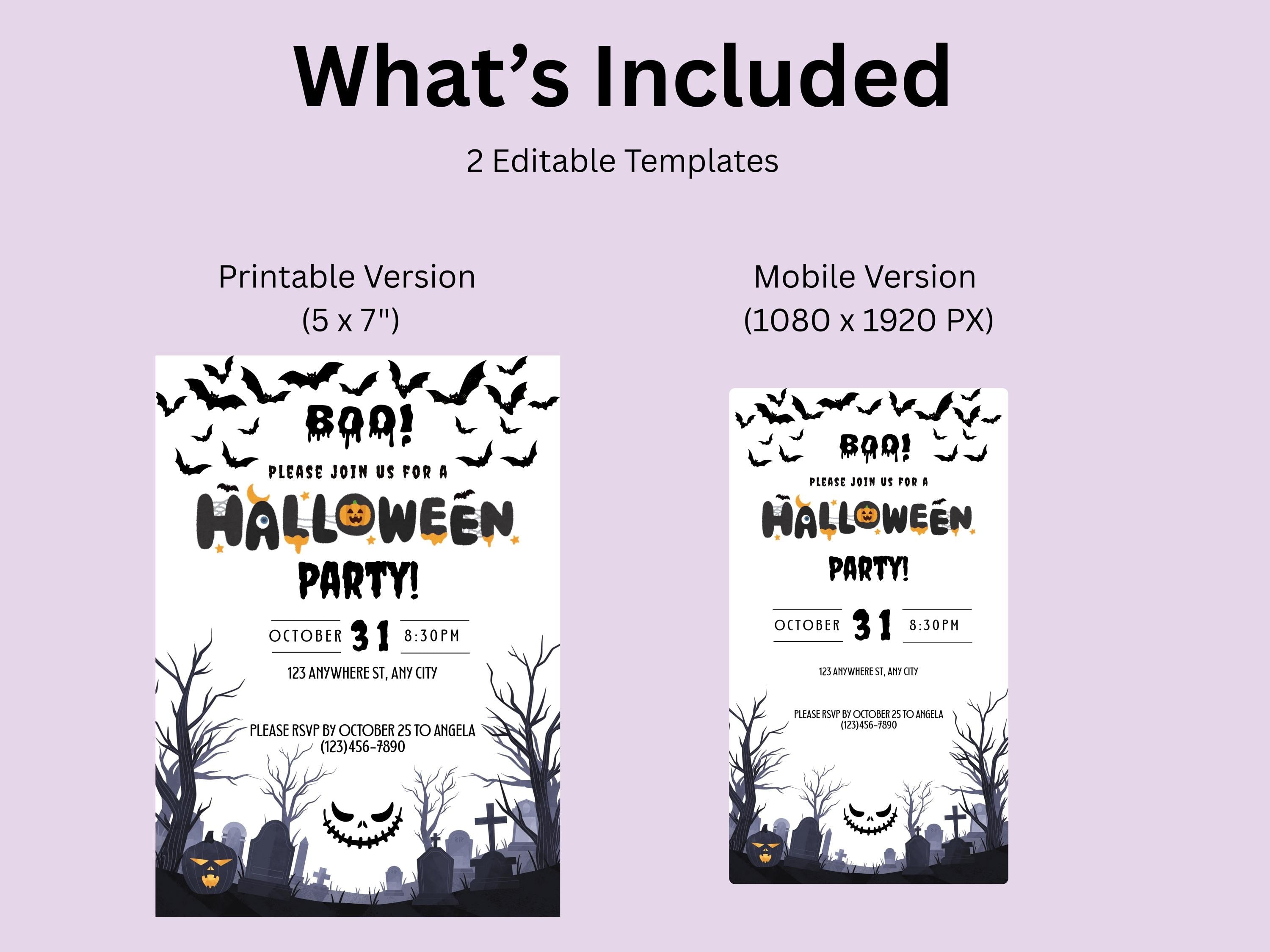 Halloween party invitation with editable templates for printable and mobile versions on a light purple background.