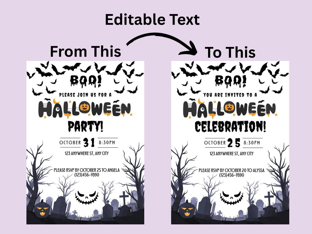 Halloween party invitation with editable text on a purple background