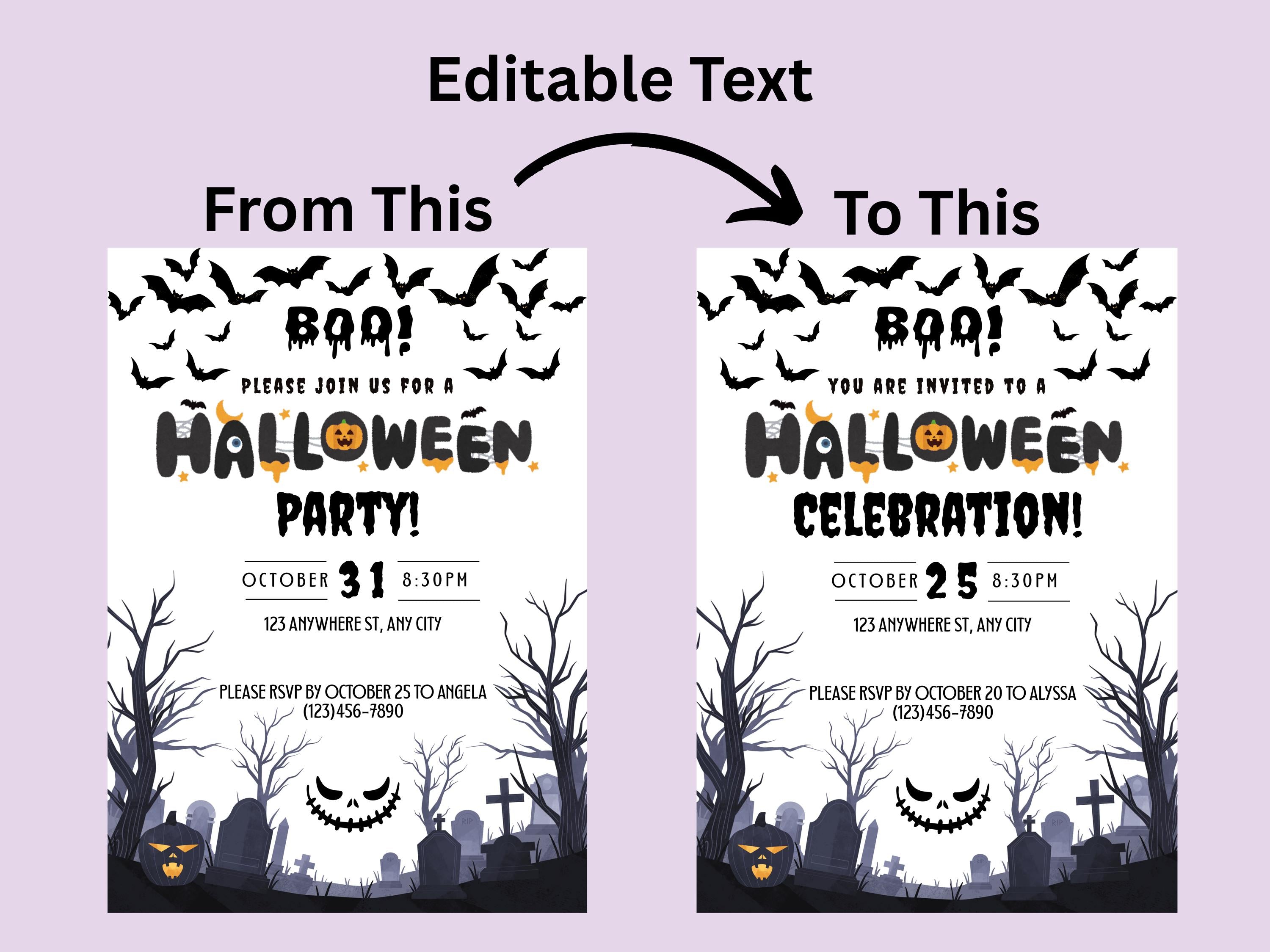 Halloween party invitation with editable text on a purple background