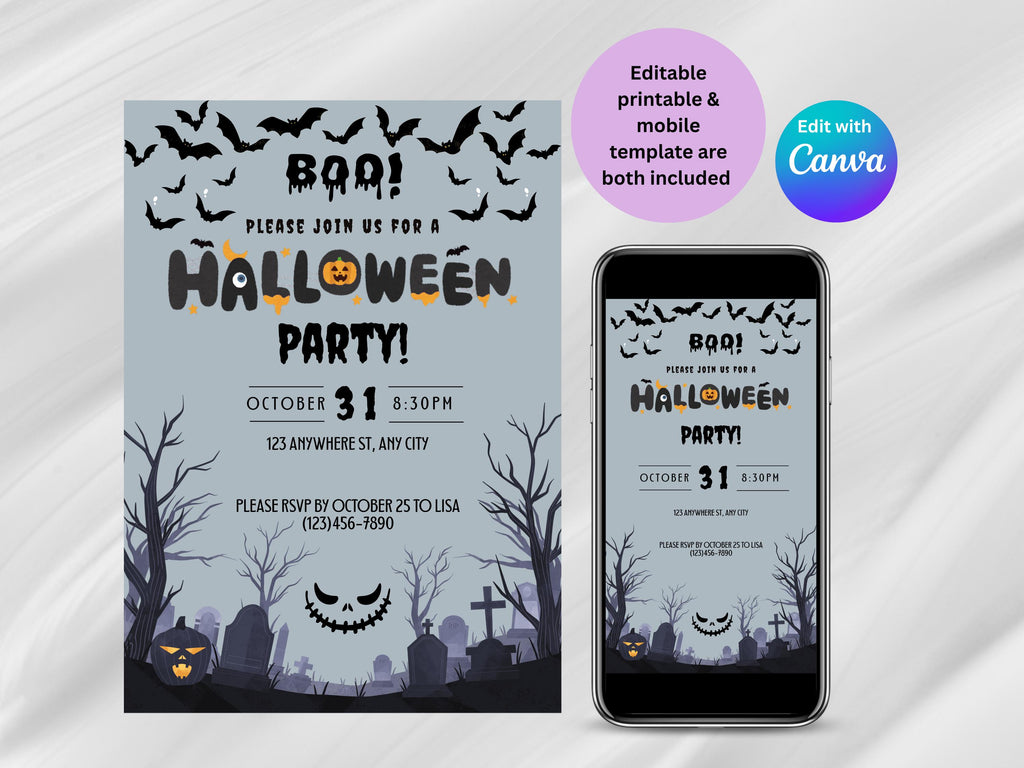 Halloween party invitation with bats, pumpkins, and a phone displaying the same design.