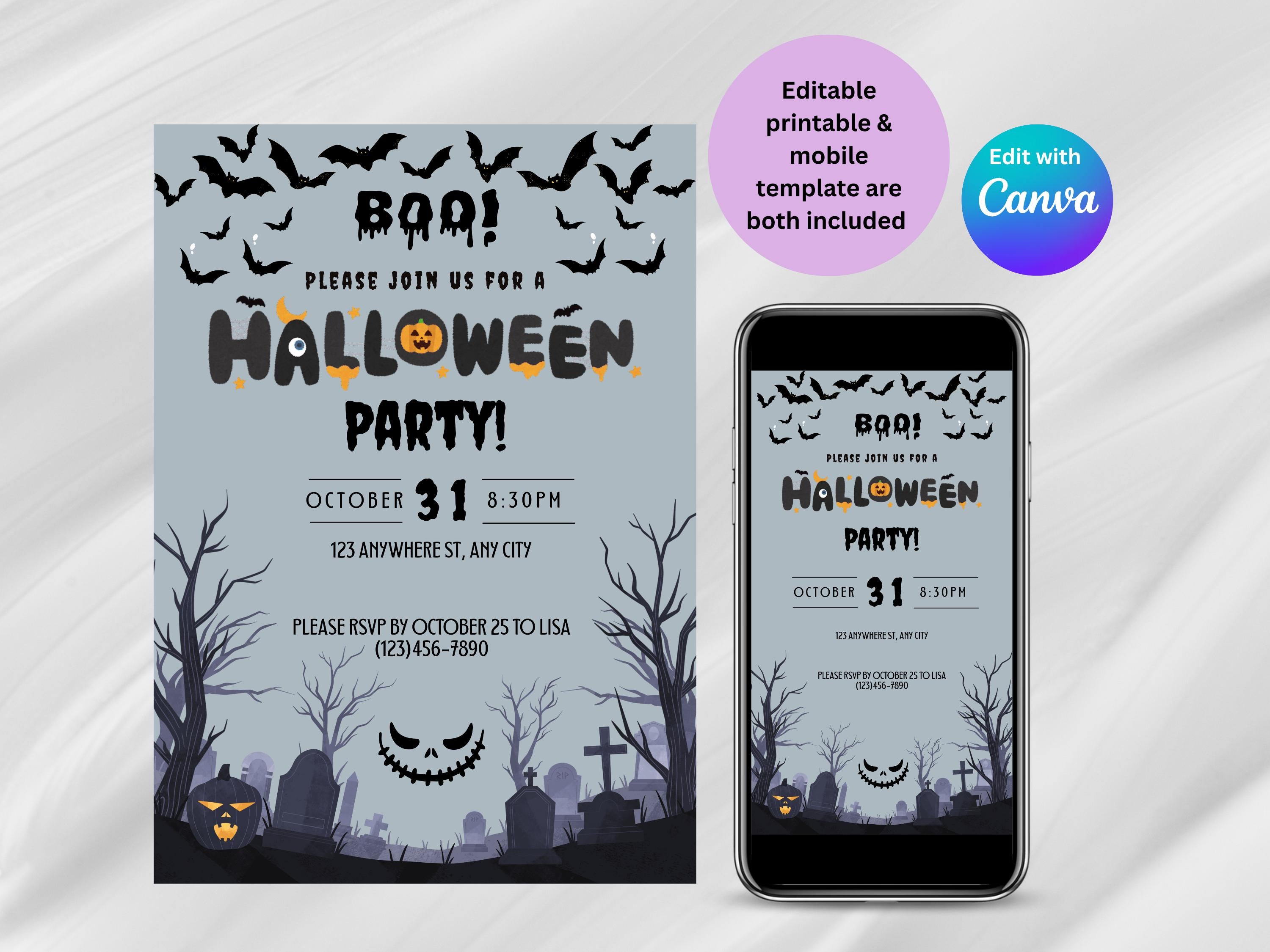 Halloween party invitation with bats, pumpkins, and a phone displaying the same design.