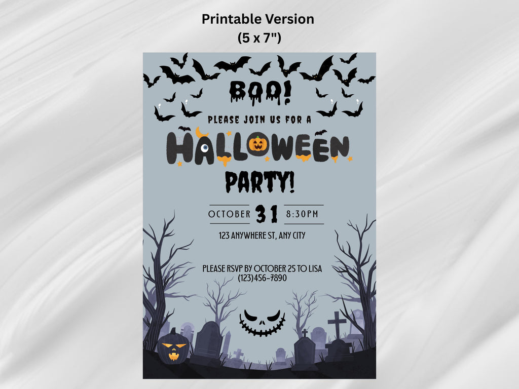 Halloween party invitation with pumpkins, bats, and tombstones on a gray background.