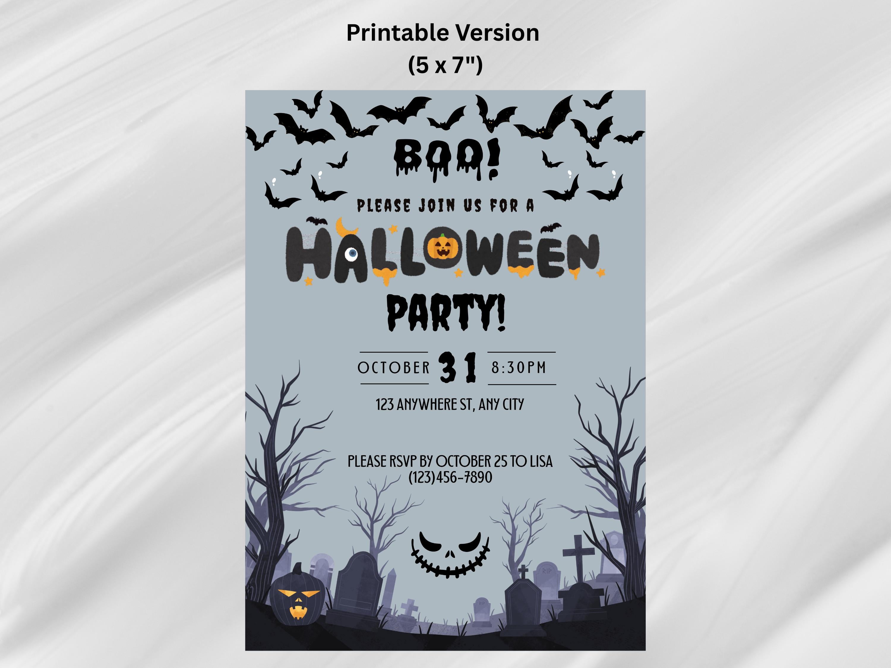 Halloween party invitation with pumpkins, bats, and tombstones on a gray background.