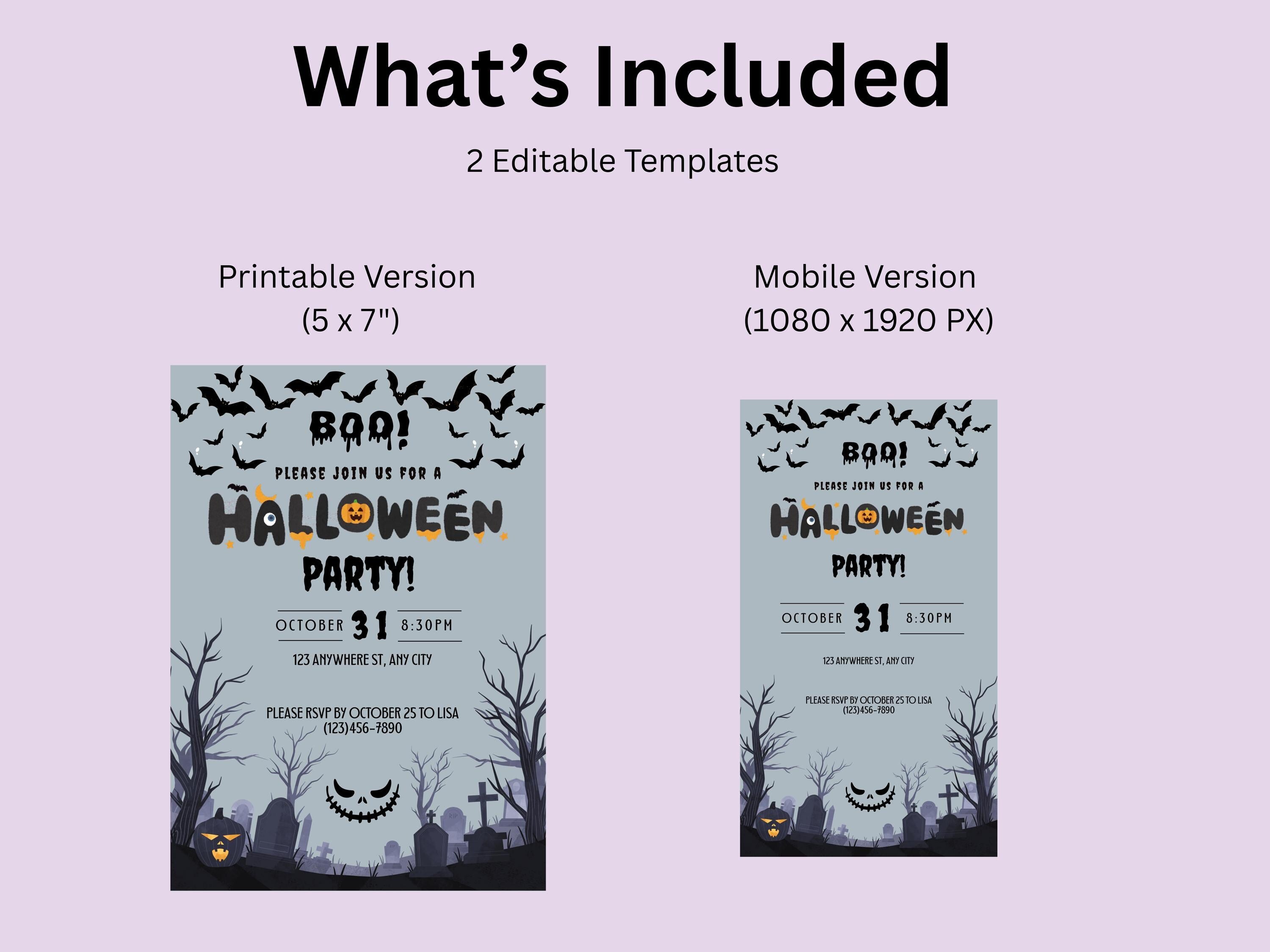 Halloween party invitation with editable templates for printable and mobile versions on a light purple background.