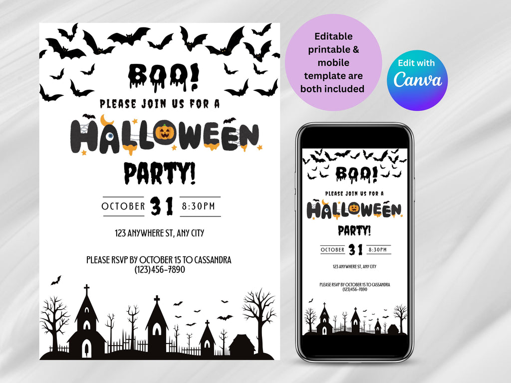 Halloween party invitation with bats, pumpkins, and a church silhouette on a white background.