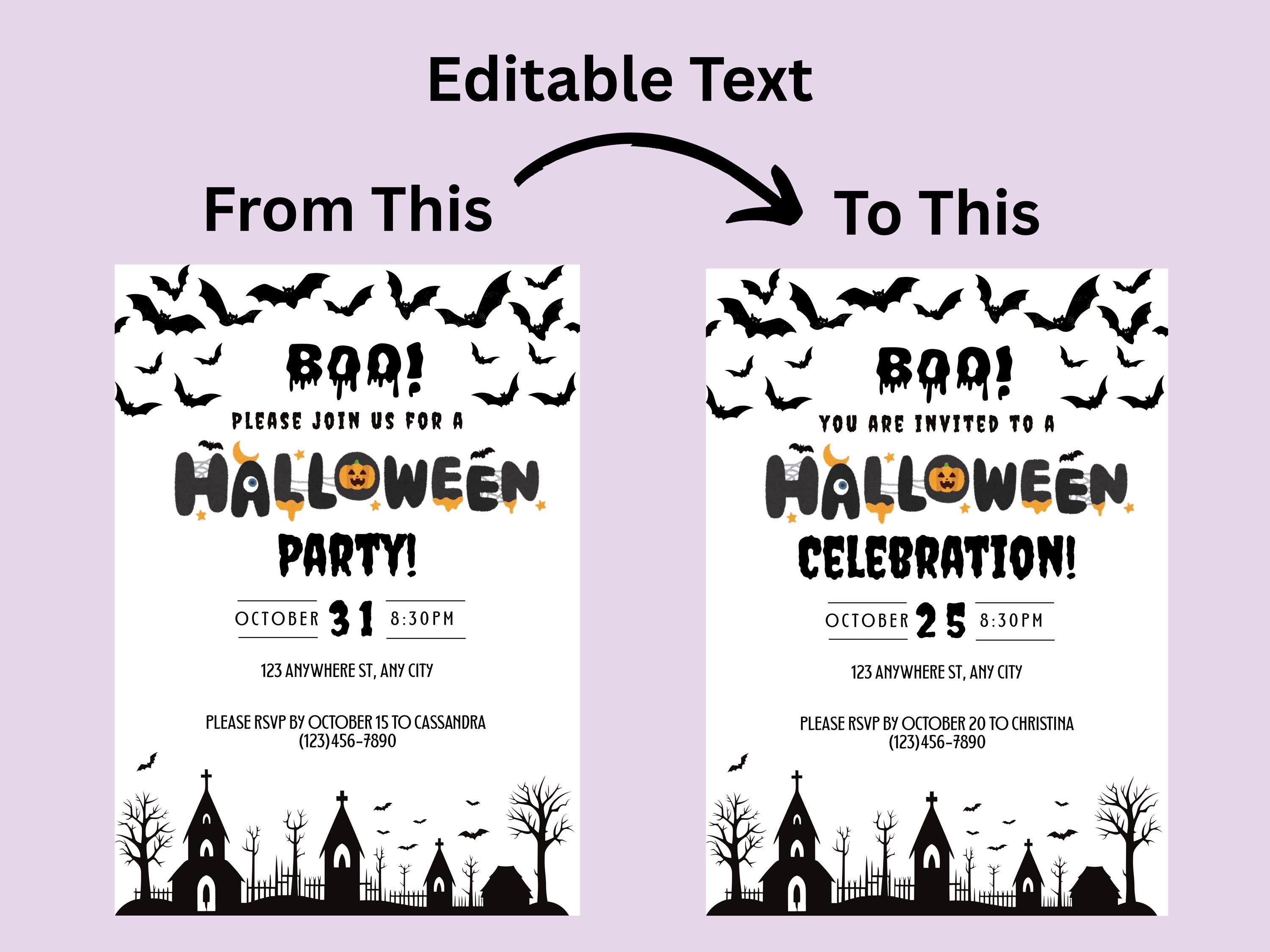 Halloween party invitation with editable text on a purple background