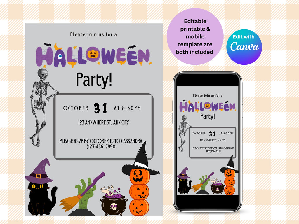 Halloween party invitation with skeleton, pumpkins, and text on a smartphone screen.