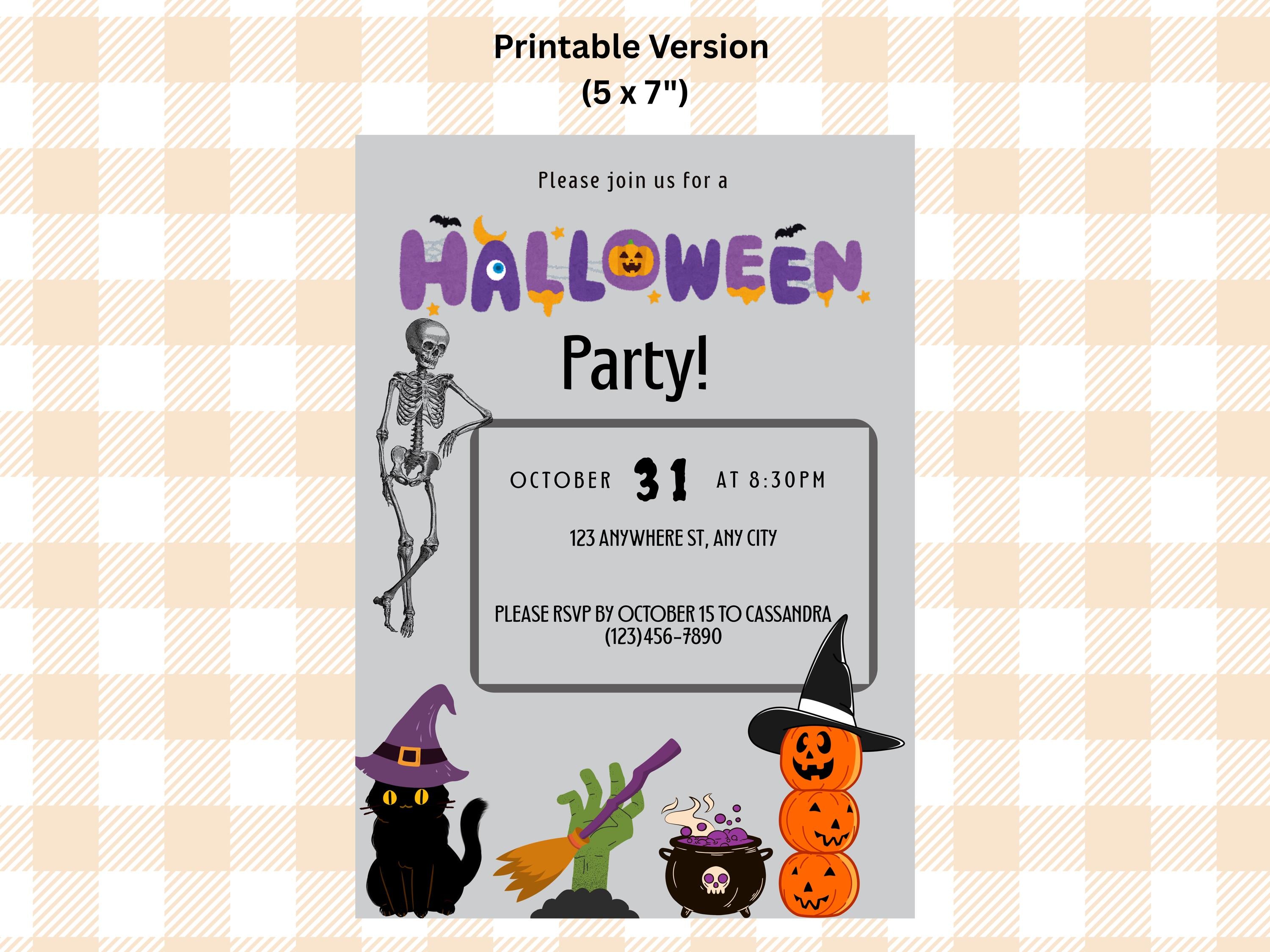Halloween party invitation with skeleton, cat, witch hat, and broomstick on a checkered background
