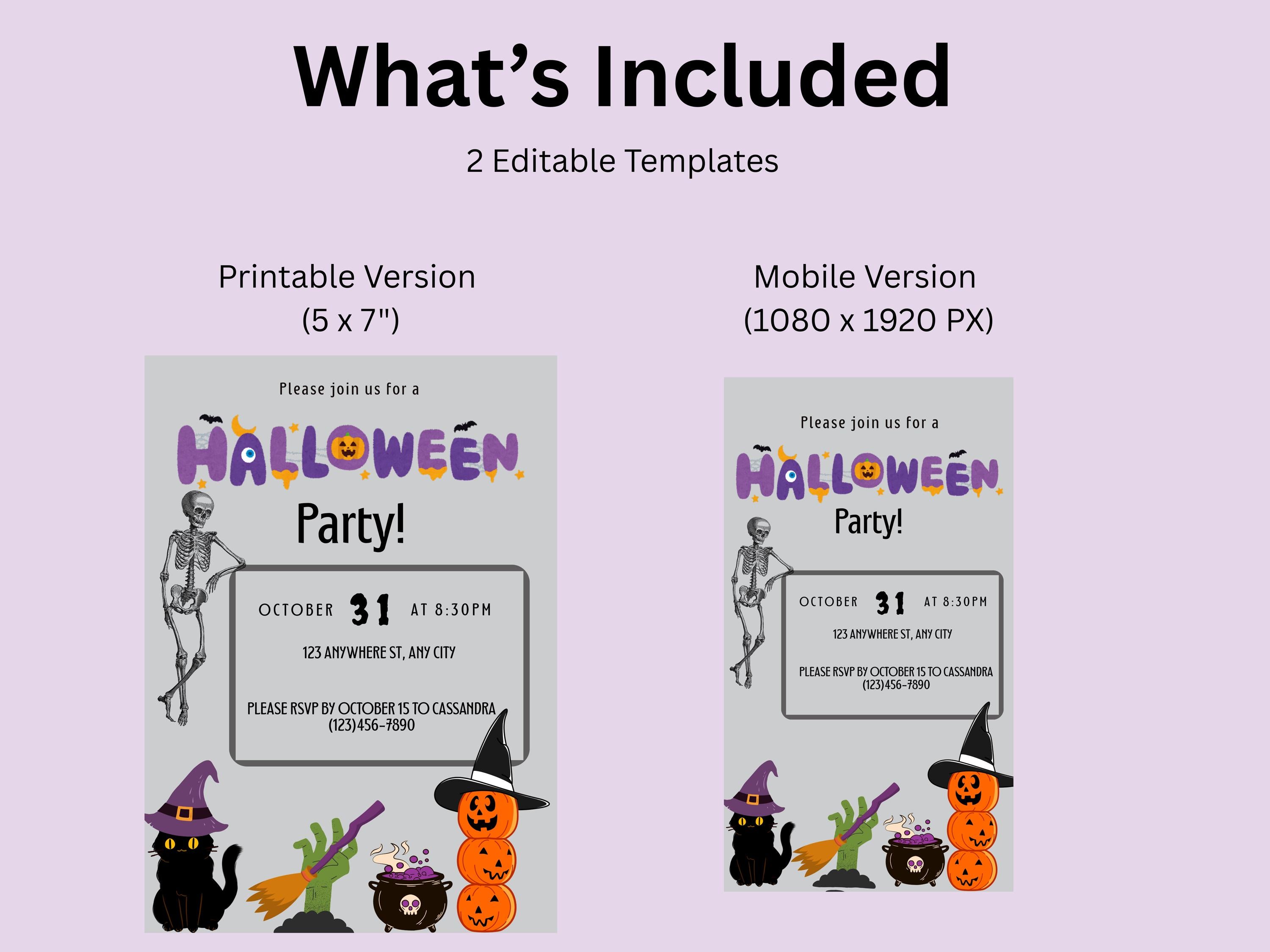 Halloween party invitation with editable templates for printable and mobile versions on a light purple background.