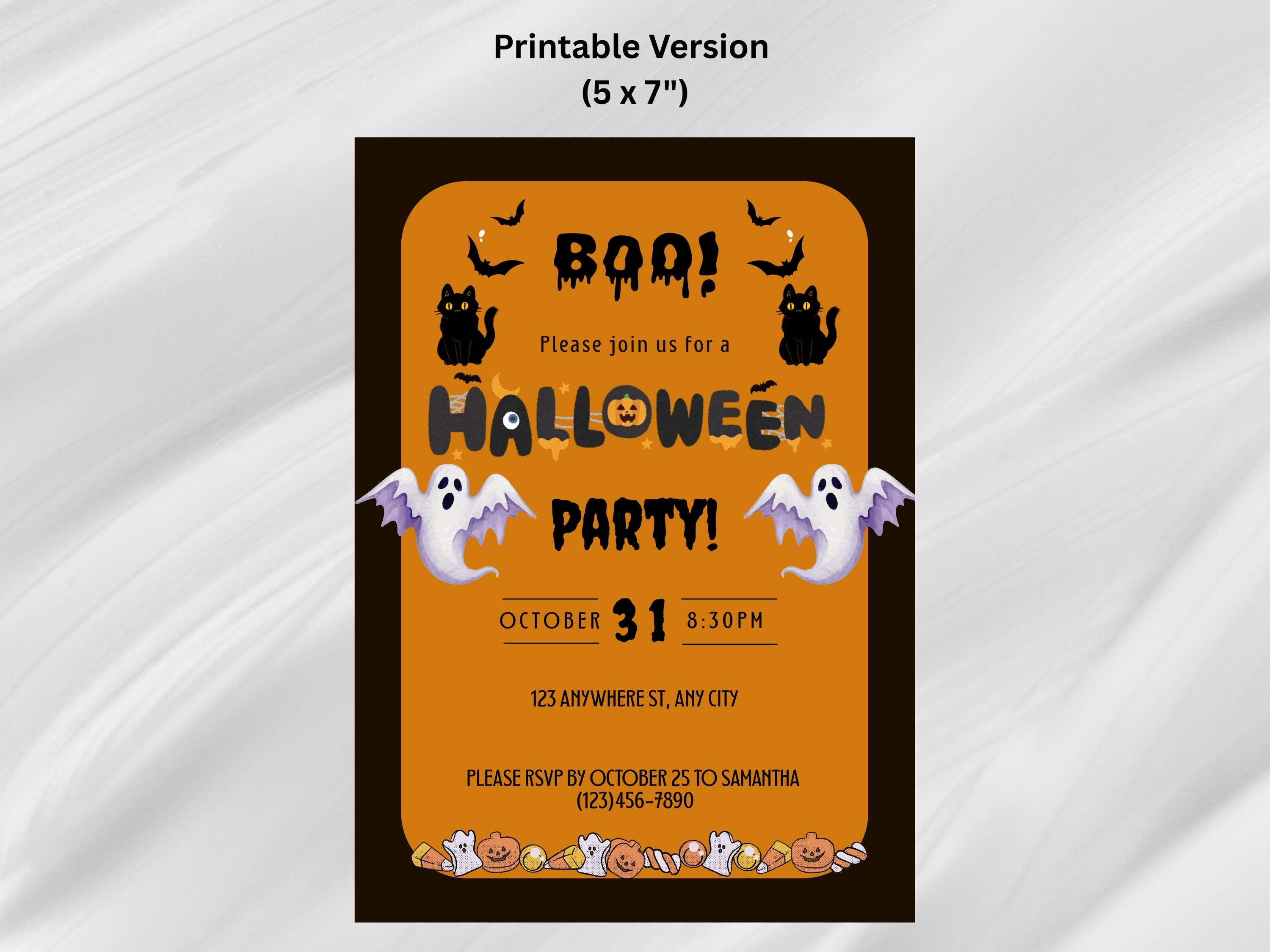 Halloween party invitation with ghosts, cats, and pumpkins on an orange background.
