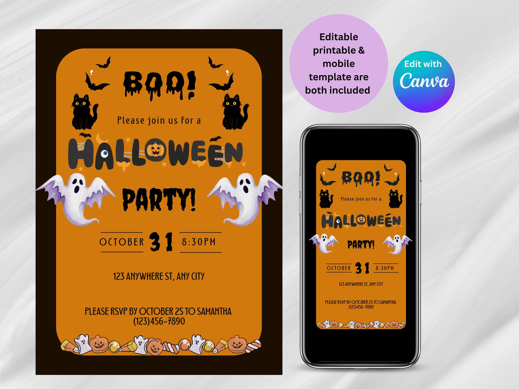 Halloween party invitation with ghosts, pumpkins, and text on an orange and black background.