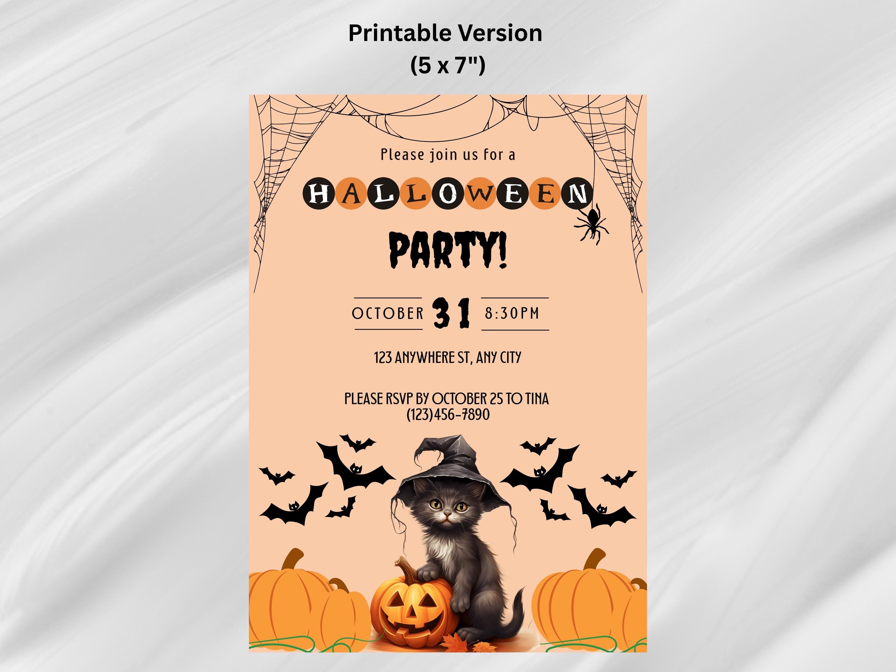 Halloween party invitation with a cat and pumpkins on a peach background