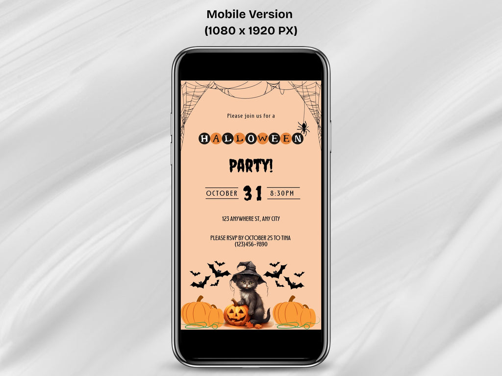 Halloween party invitation on a smartphone screen with pumpkins and a cat design.