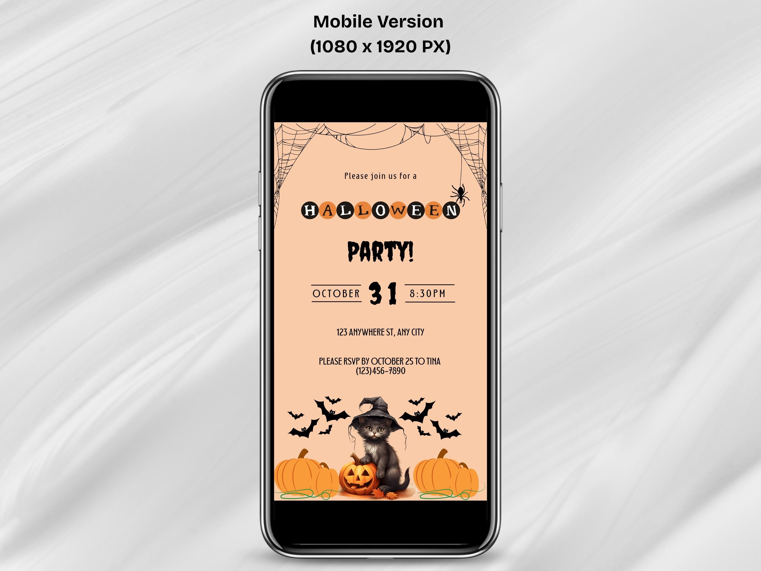 Halloween party invitation on a smartphone screen with pumpkins and a cat design.