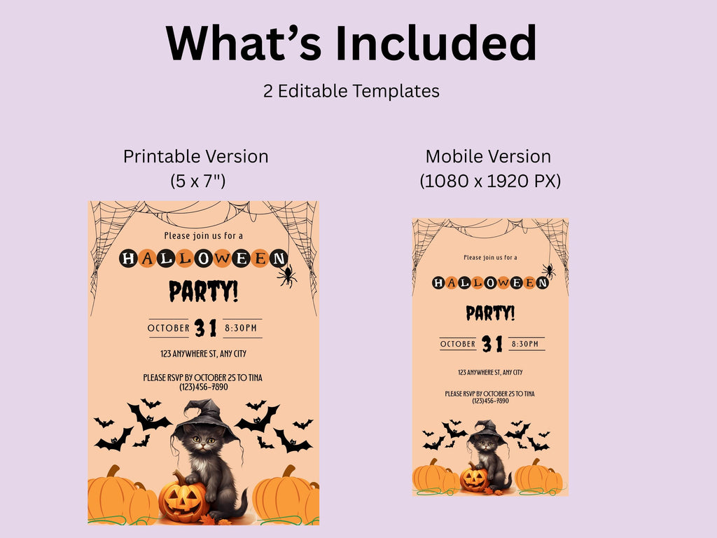 Halloween party invitation templates with cat, pumpkins, and bats on a purple background.