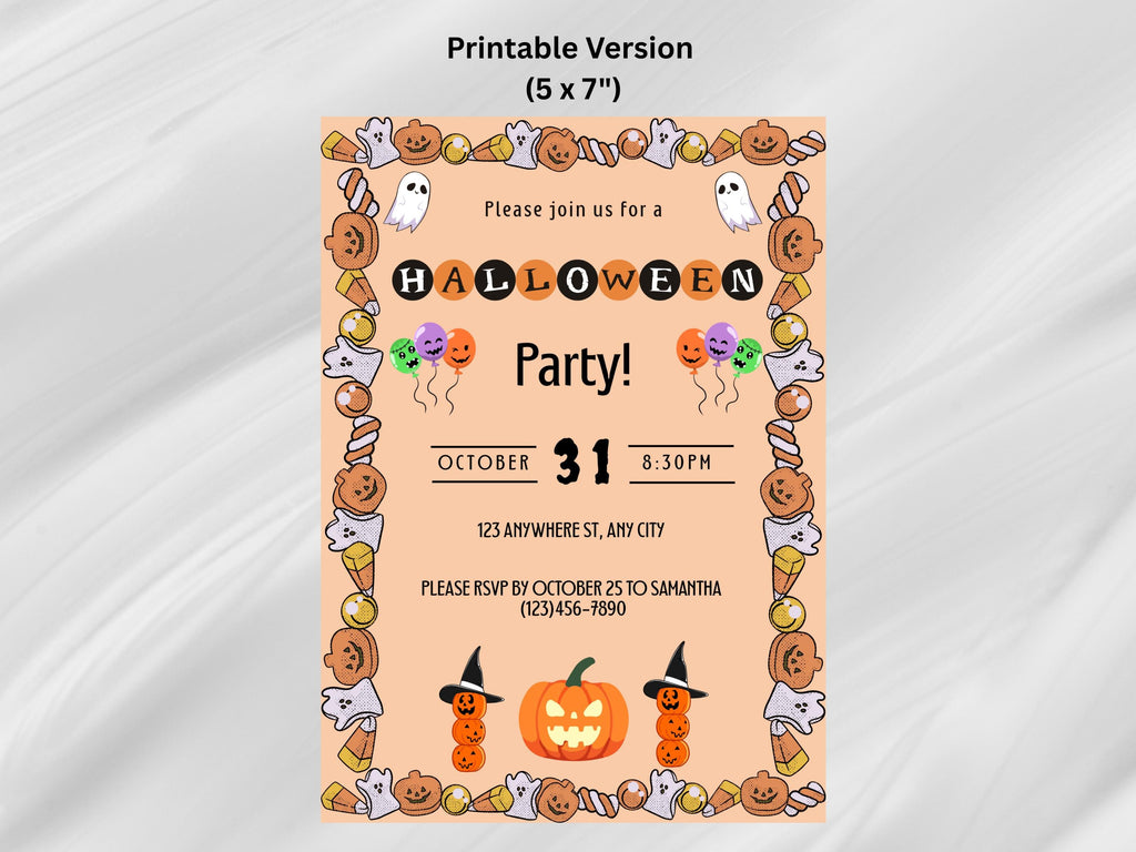 Halloween party invitation with pumpkins, ghosts, and candy corn on a peach background.
