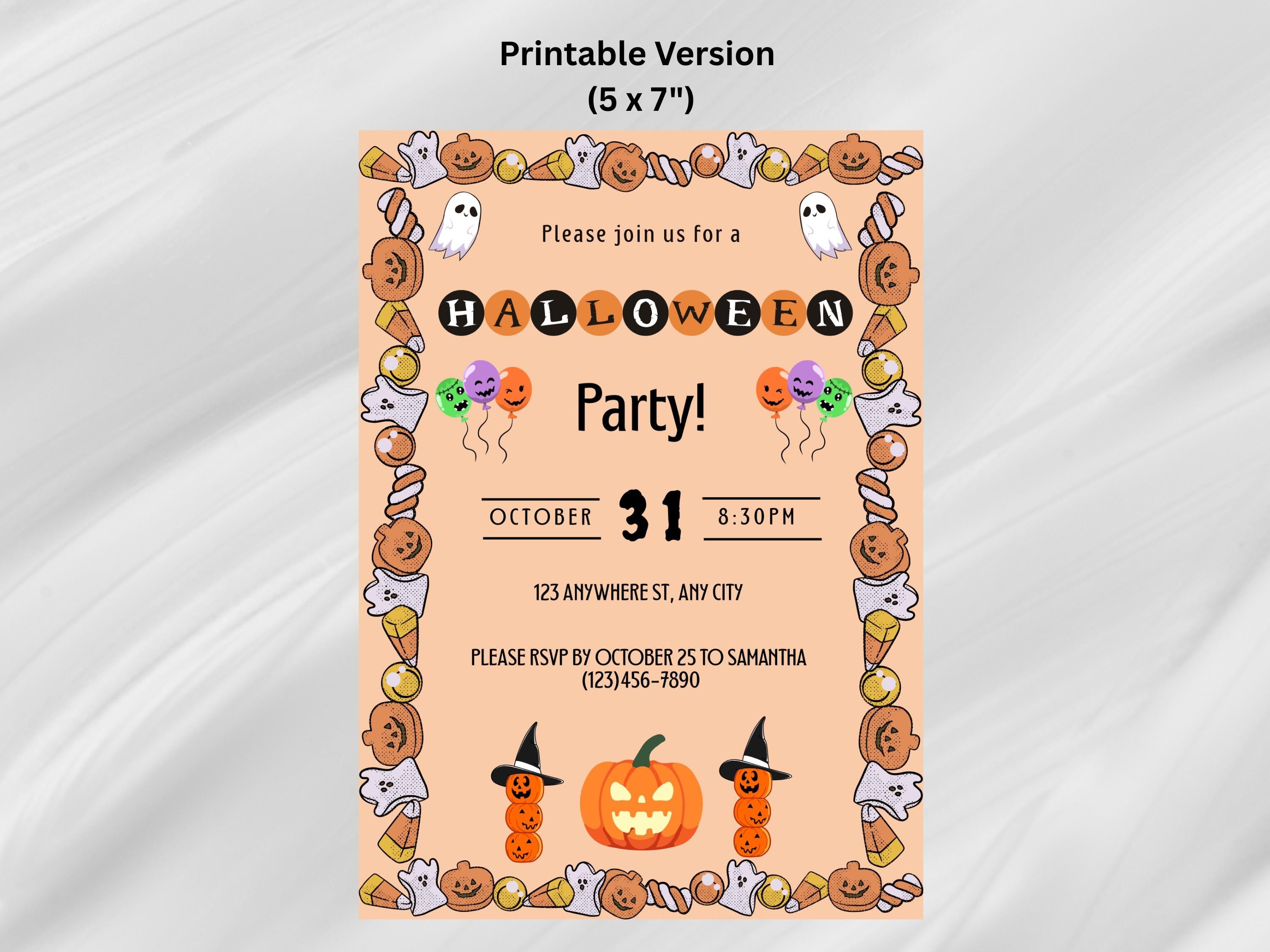 Halloween party invitation with pumpkins, ghosts, and candy corn on a peach background.